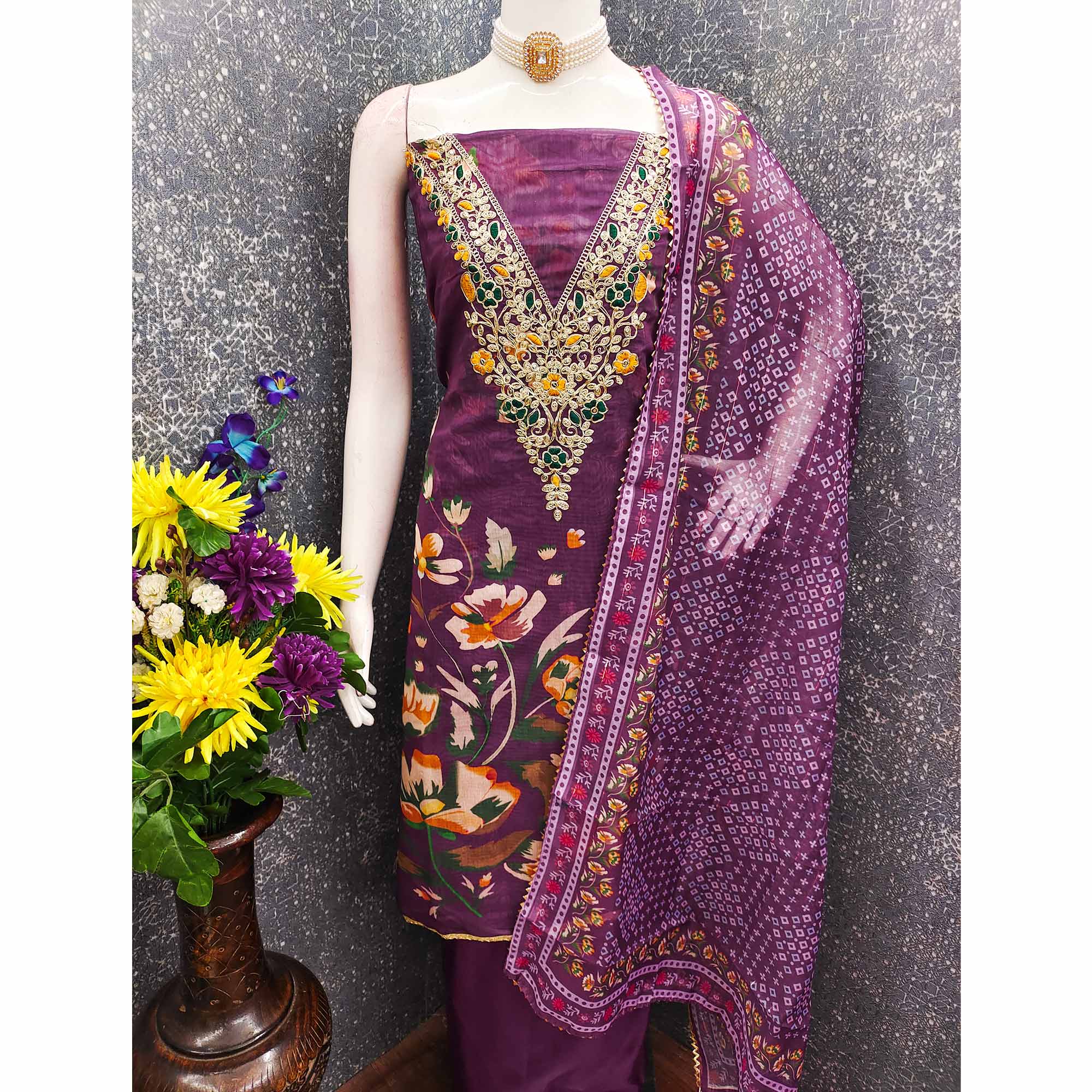 Purple Chanderi Silk Dress Material With Digital Floral Print & Cording Embroidery Work - Image 5