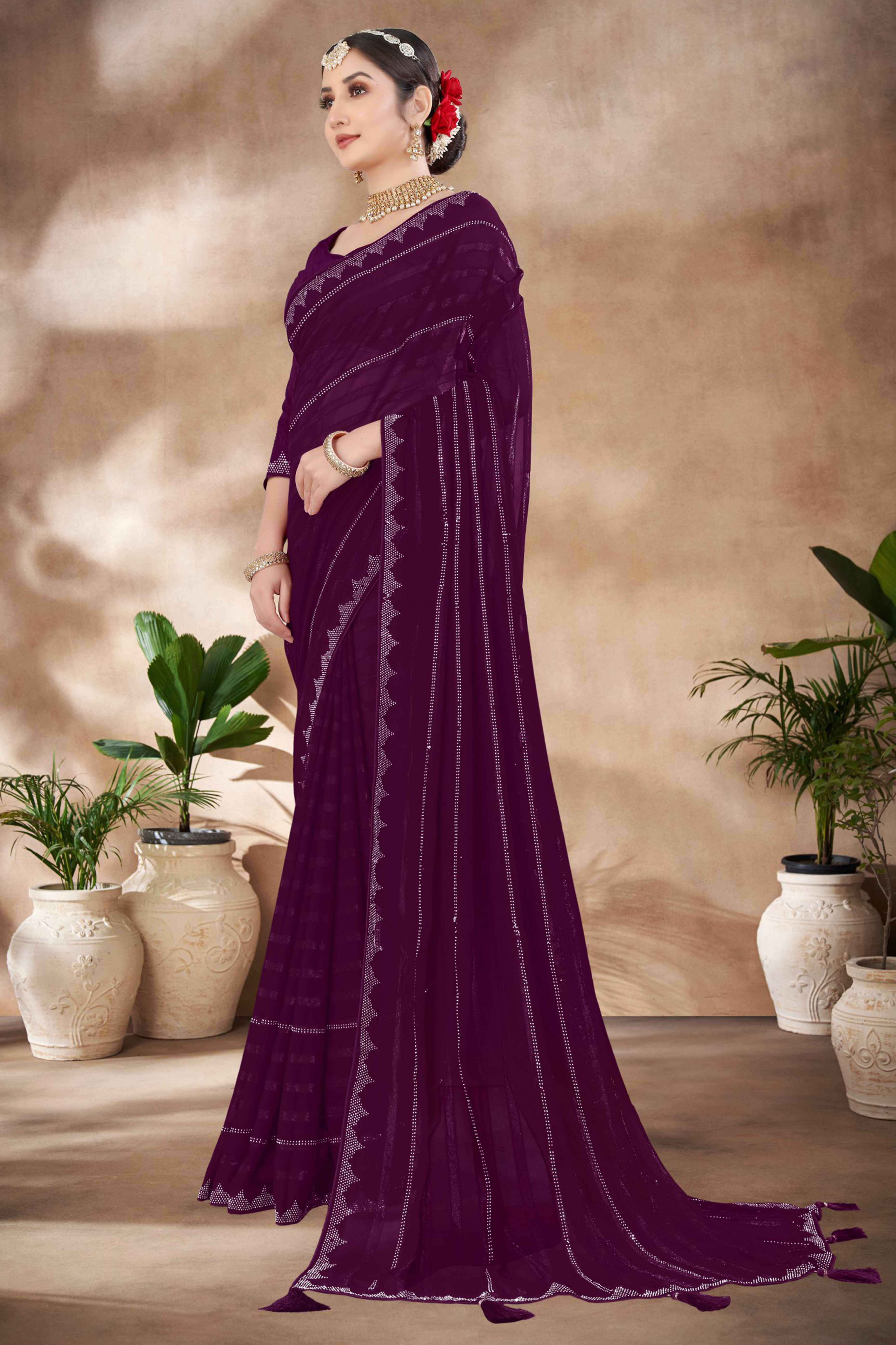 Purple Chiffon Party Saree Featuring Delicate Stone Embellishments - Image 6