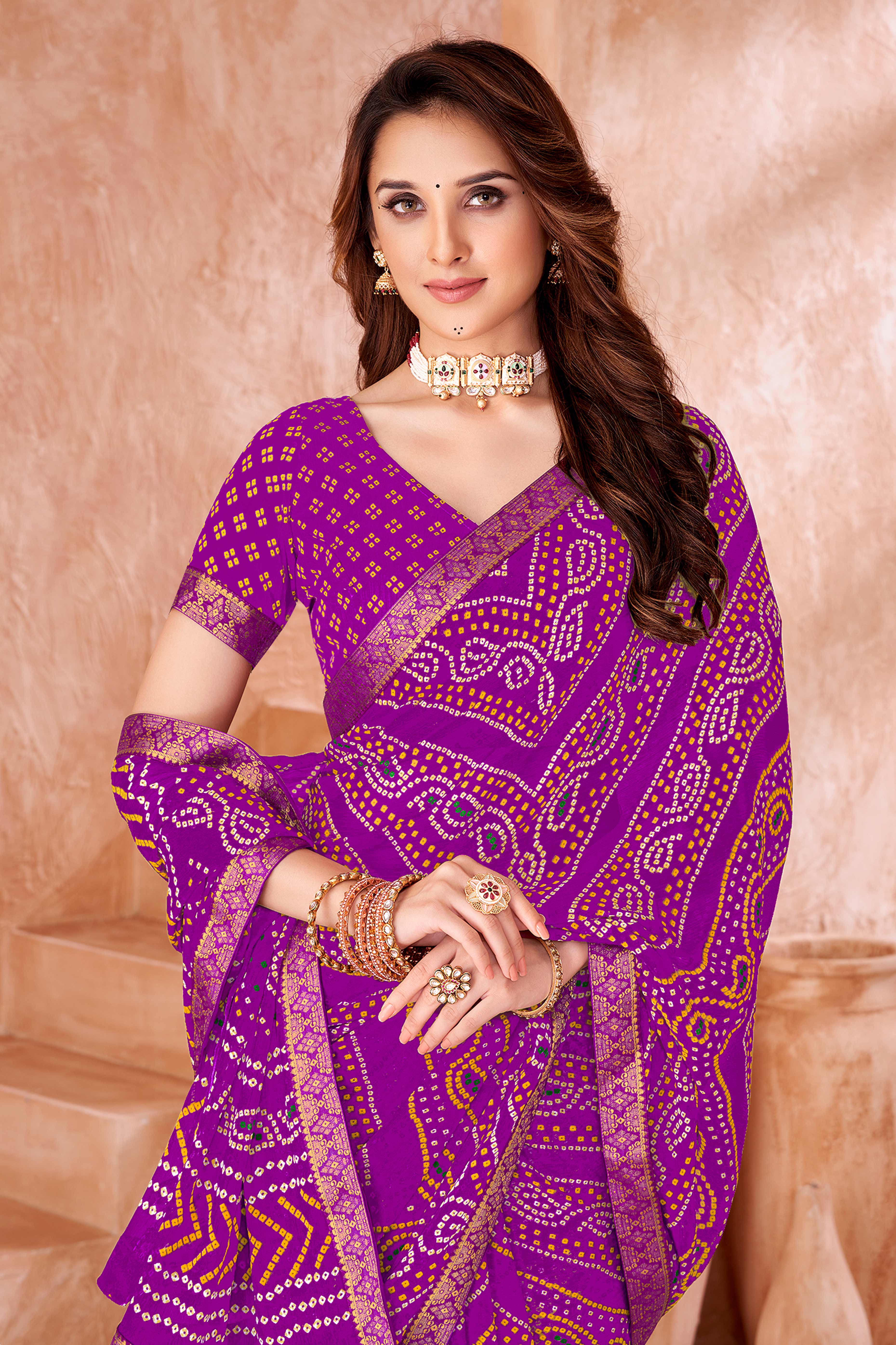 Purple Chiffon Saree Featuring Traditional Bandhani Prints & A Graceful Lace Edge - Image 3