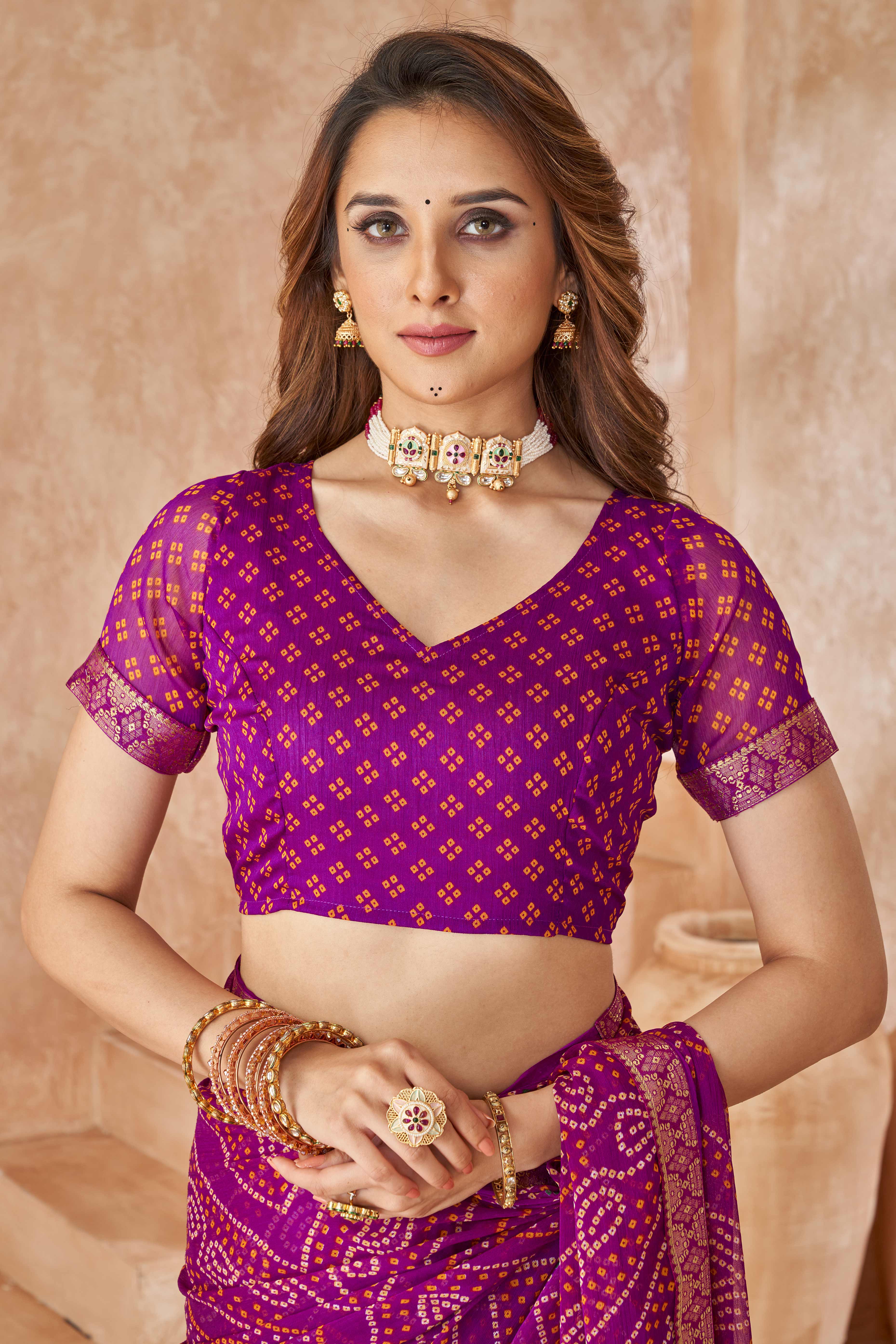 Purple Chiffon Saree Featuring Traditional Bandhani Prints & A Graceful Lace Edge - Image 4