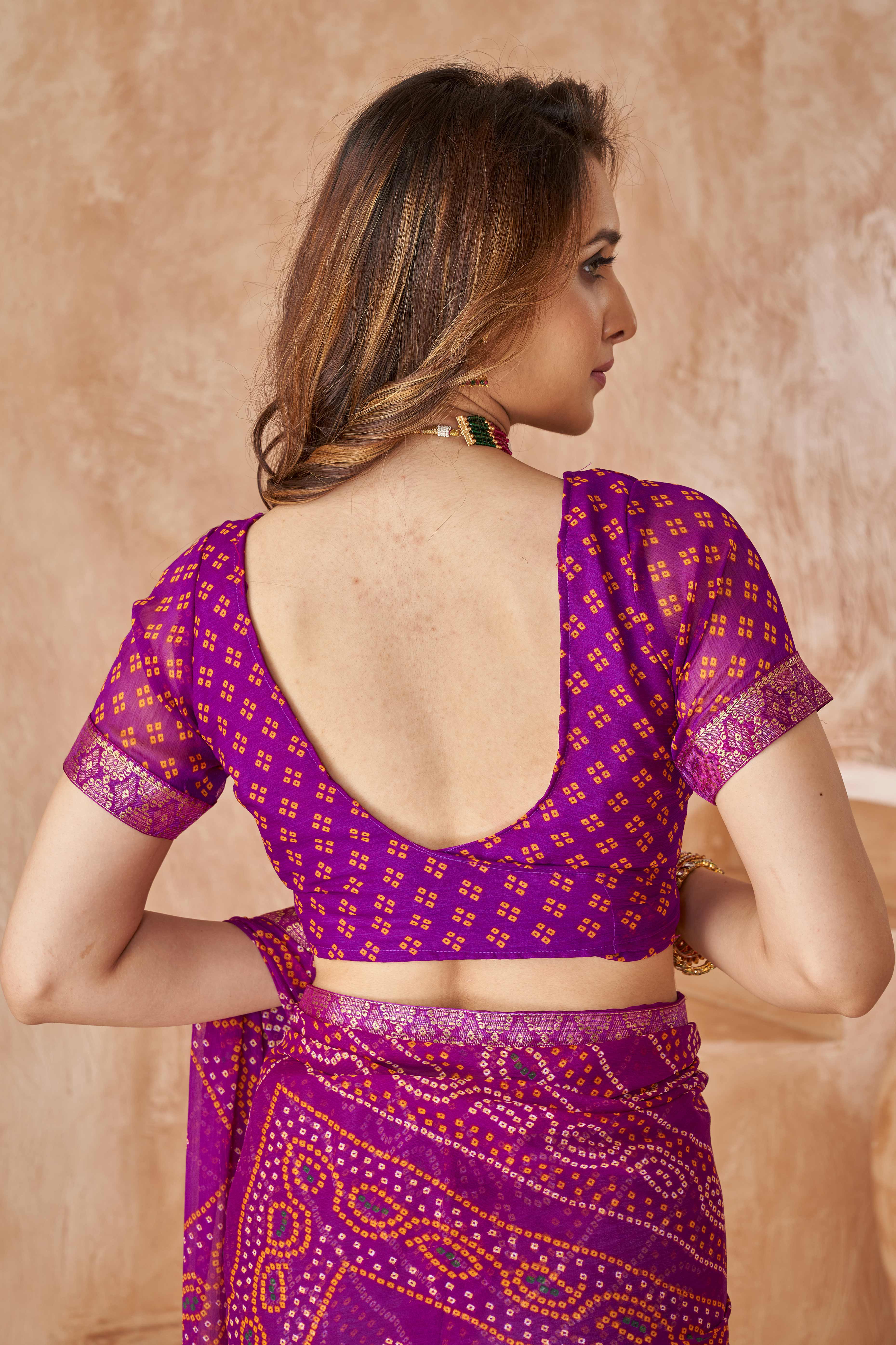 Purple Chiffon Saree Featuring Traditional Bandhani Prints & A Graceful Lace Edge - Image 5