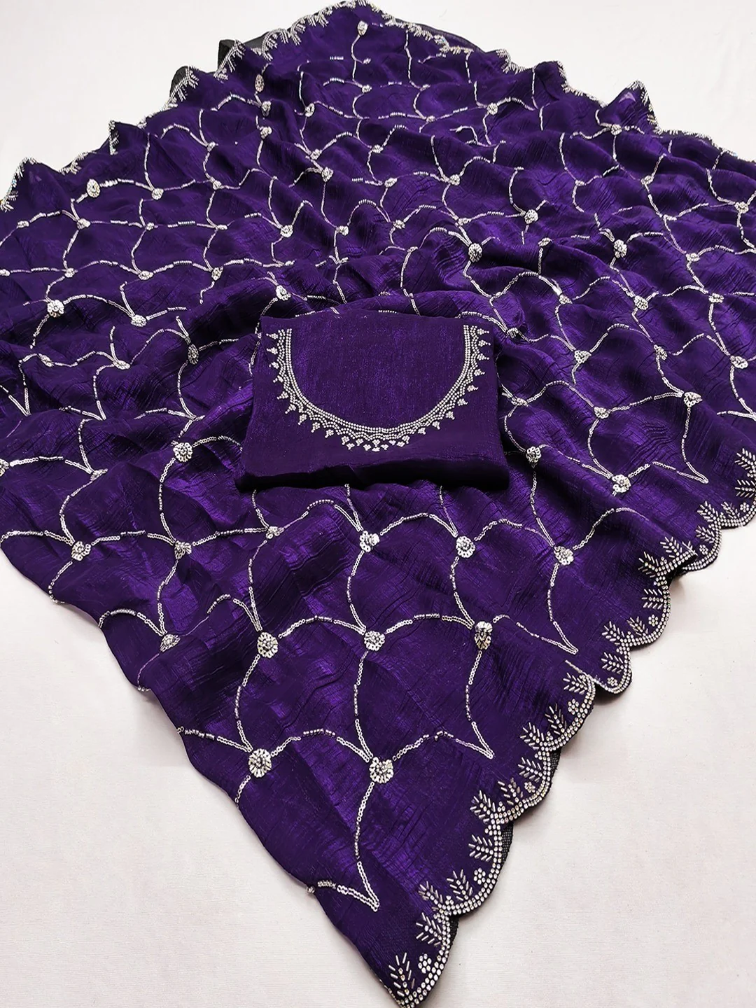 Purple Chiffon Saree with Delicate Sequins Embellishments and Fine Craft Detailing - Image 2
