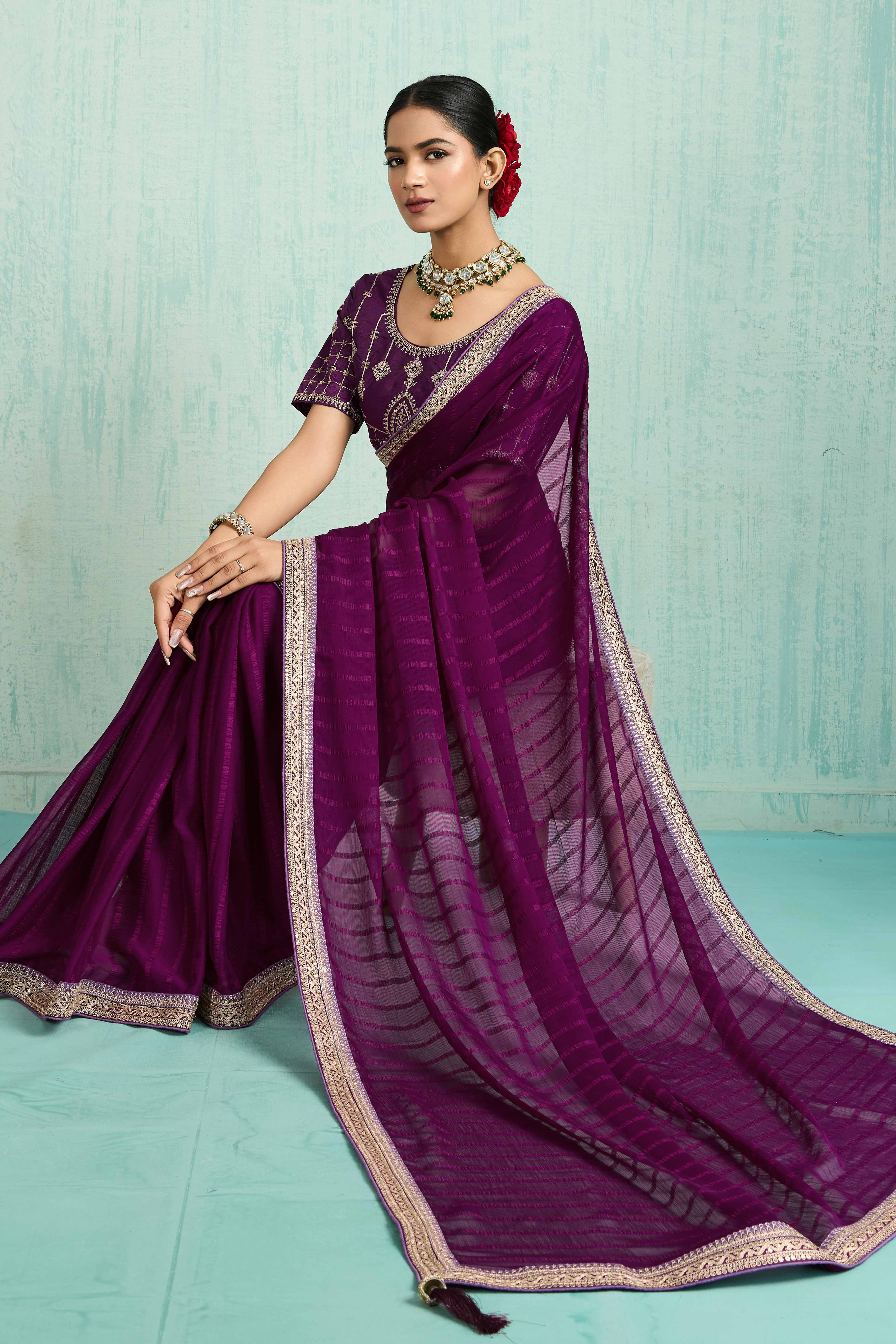 Purple Chiffon Saree With Elegant Stripes & Sequins Embroidered Border - Image 5