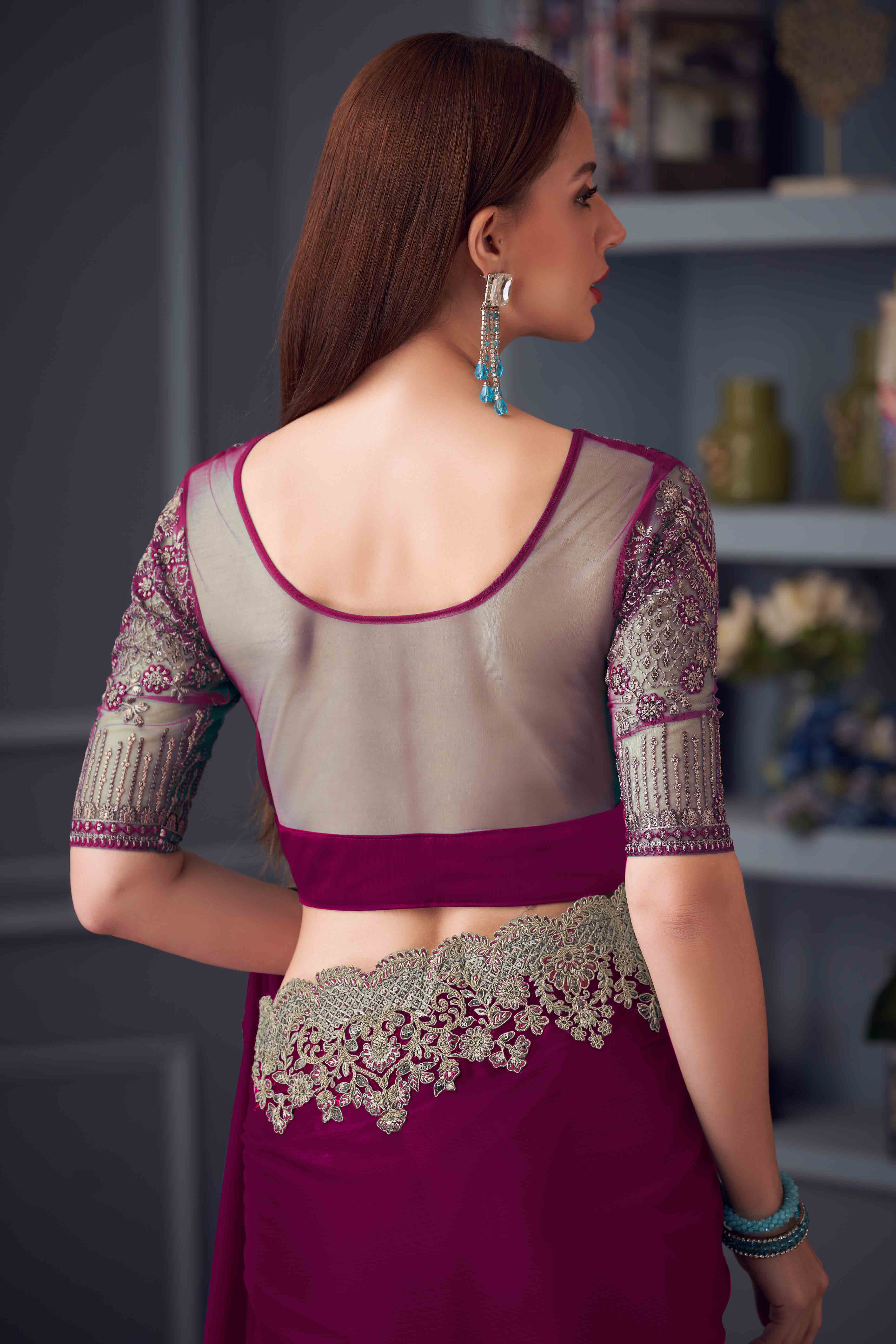 Purple Chiffon Saree with Embellished Border - Image 5