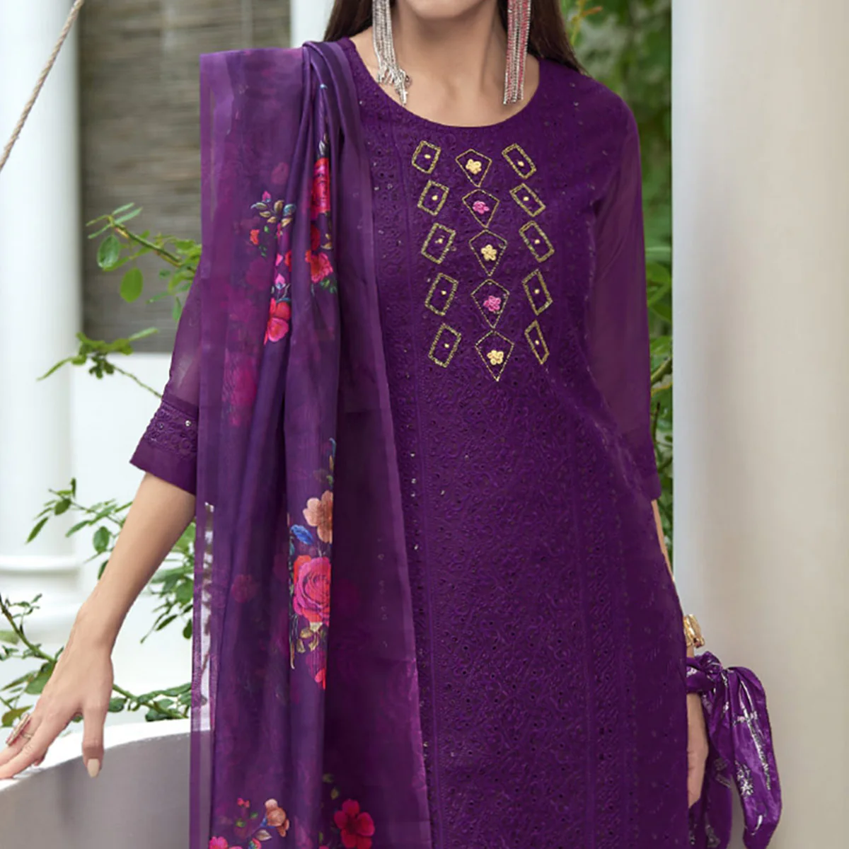 Purple Chikankari With Handwork Organza Salwar Suit - Image 3