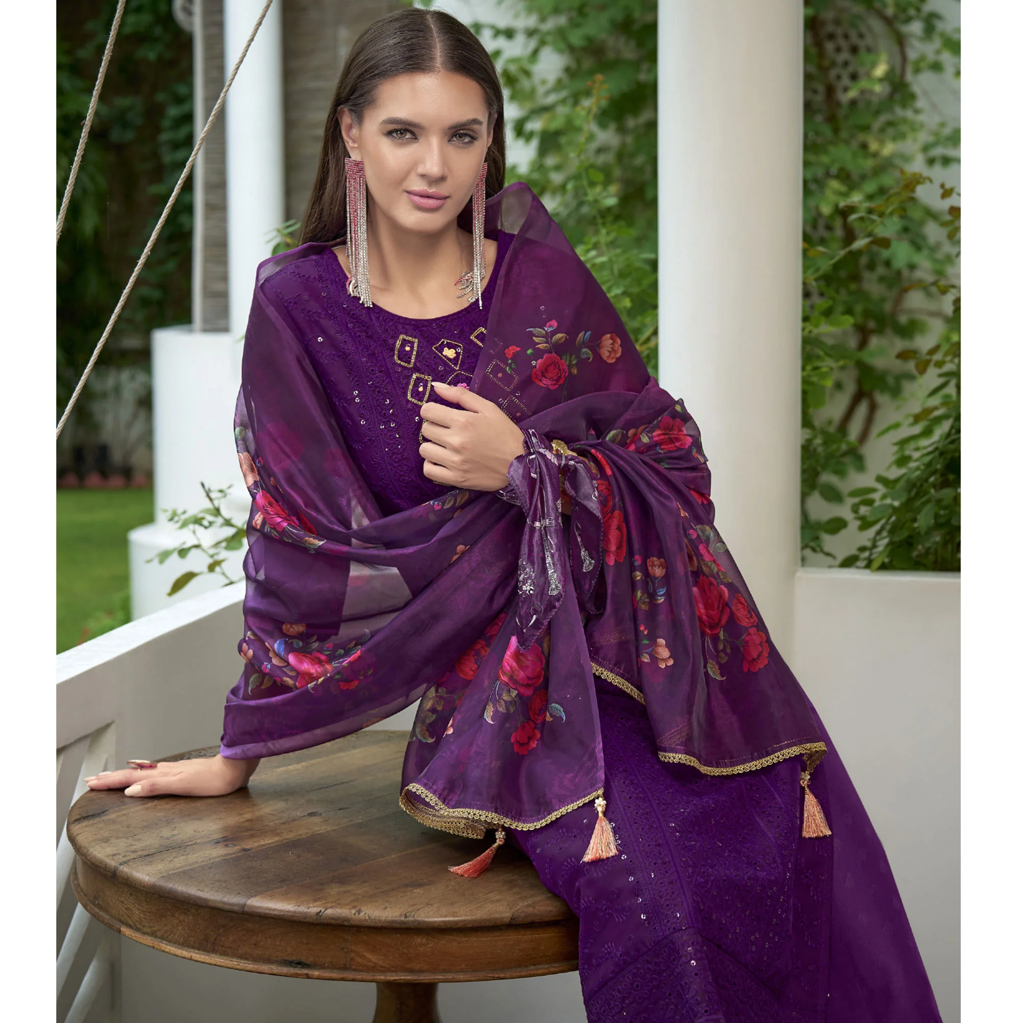 Purple Chikankari With Handwork Organza Salwar Suit - Image 4