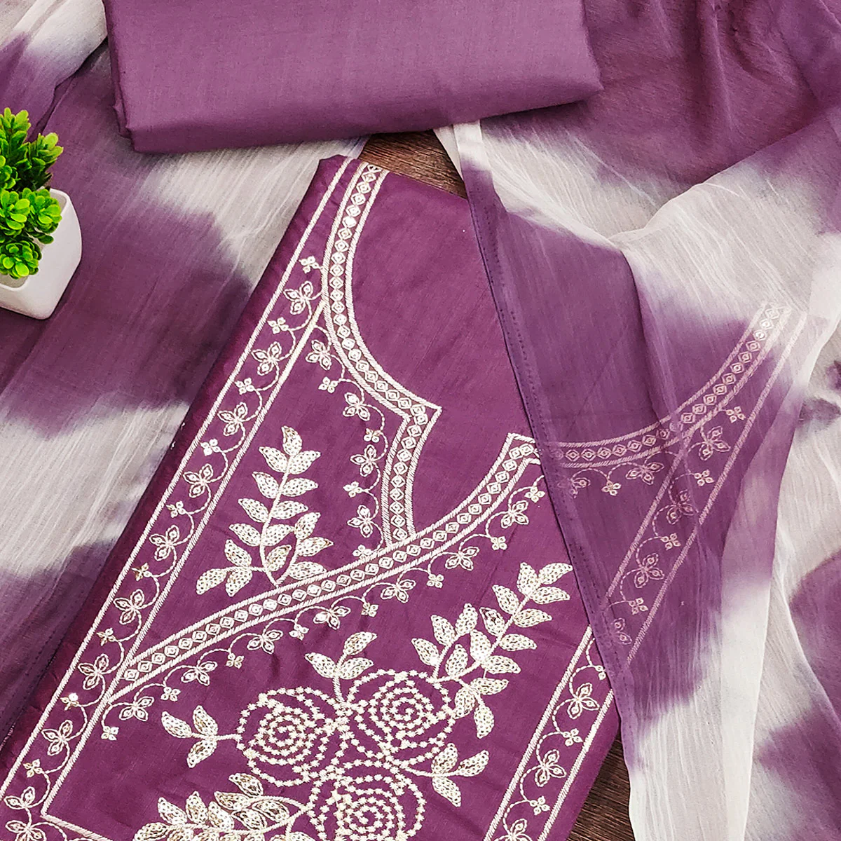 Purple Cotton Blend Dress Material Highlighted With Floral Thread & Sequins Work - Image 2
