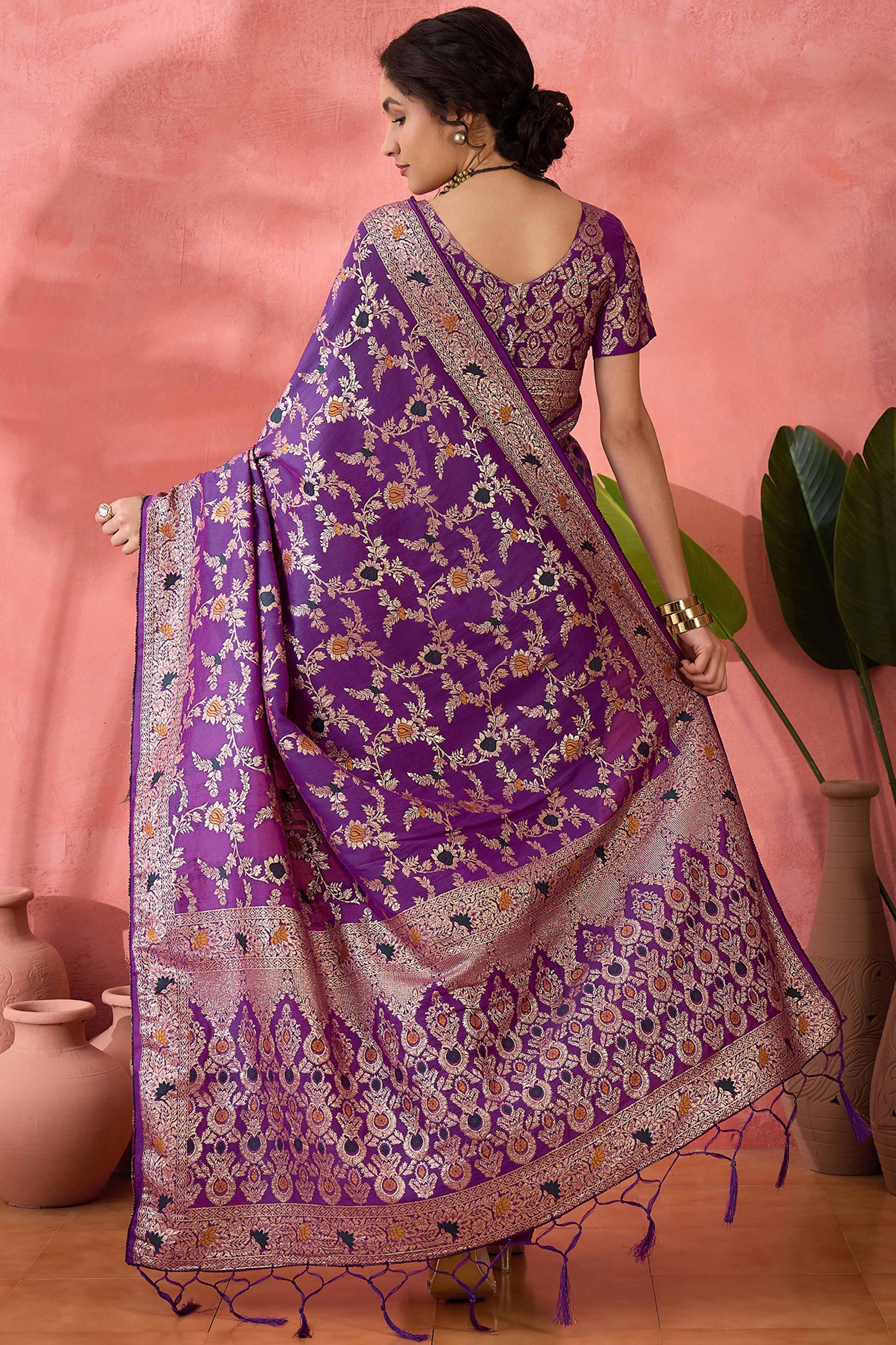 Purple Cotton Meena jacquard Saree Featuring Intricate Floral Weaving & Tassels On The Pallu - Image 5