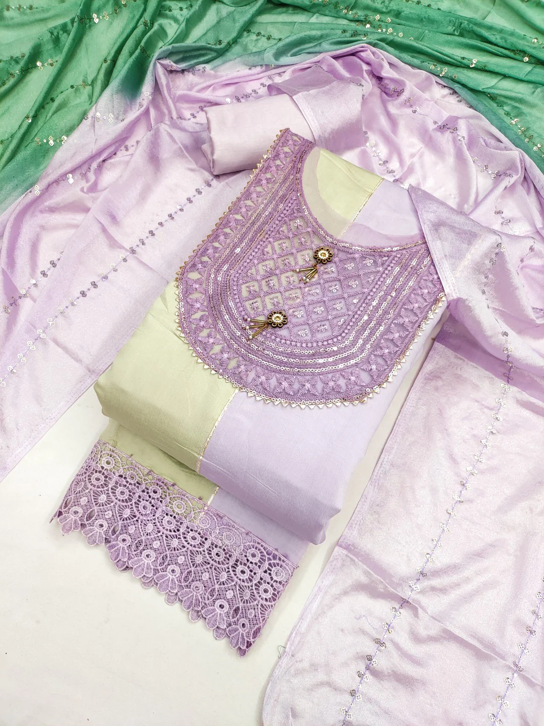 Purple & Cream Silk Blend Dress Material with Embroidered Neck and Detailed Craft Finish