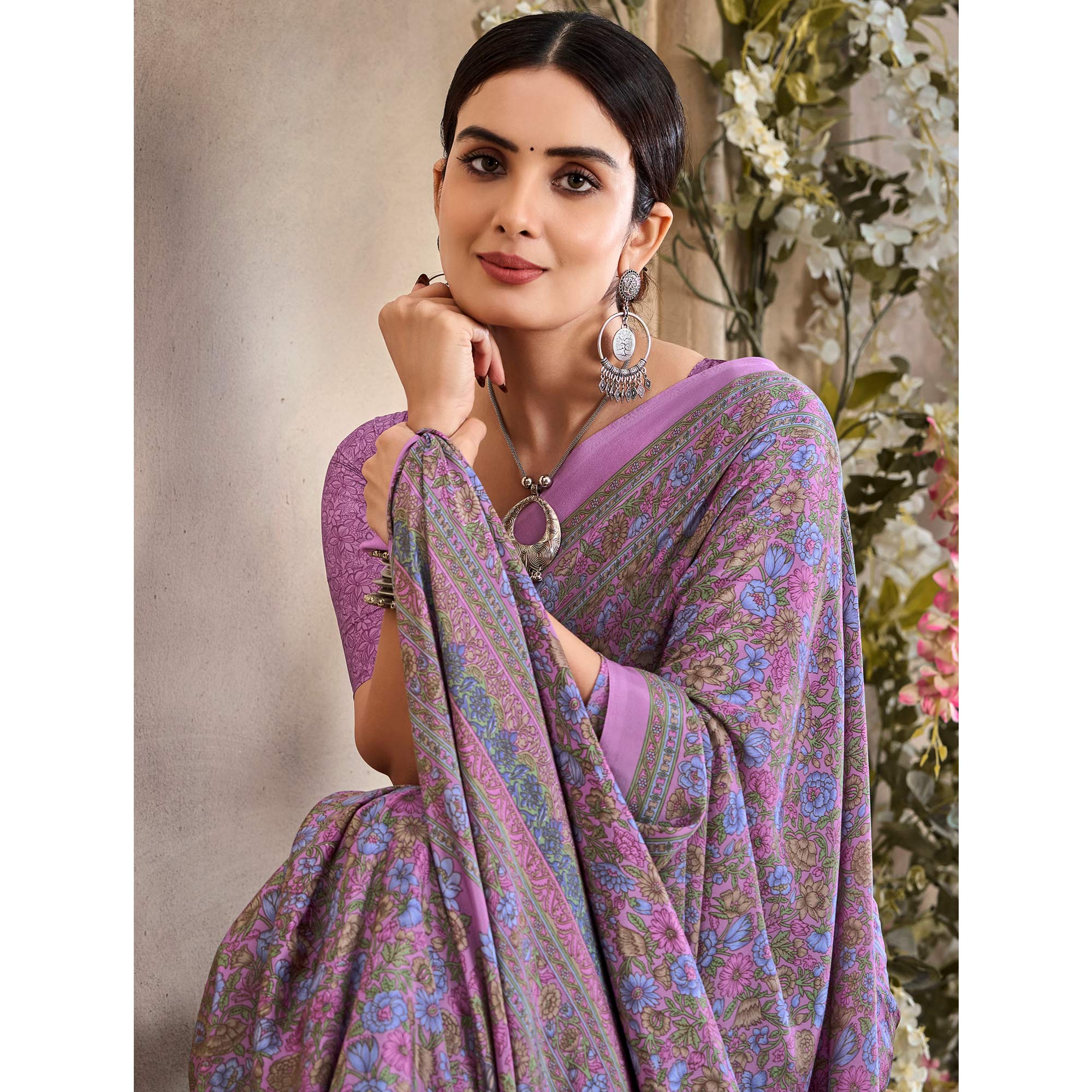 Purple Crepe Silk Floral Printed Saree - Image 4