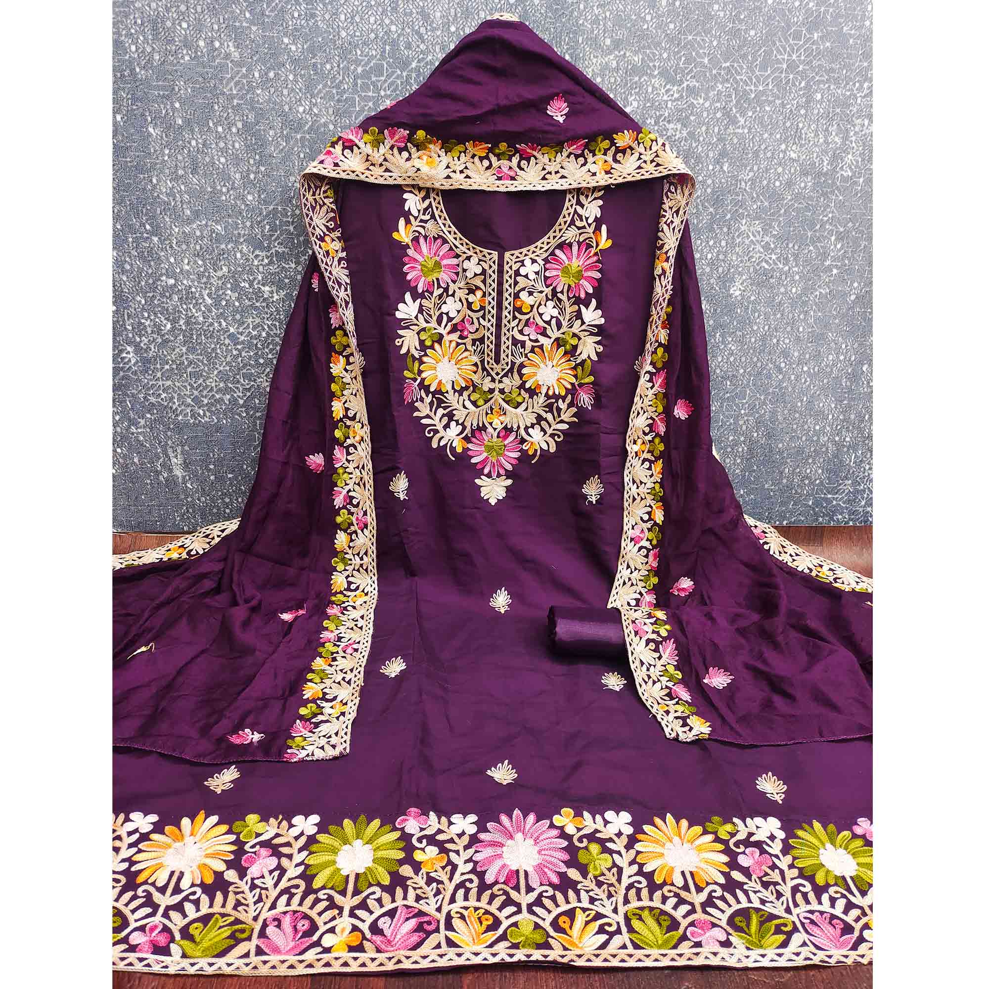 Purple Designer Roman Art Silk Dress Material Adorned With Floral Thread Embroidery Work - Image 4