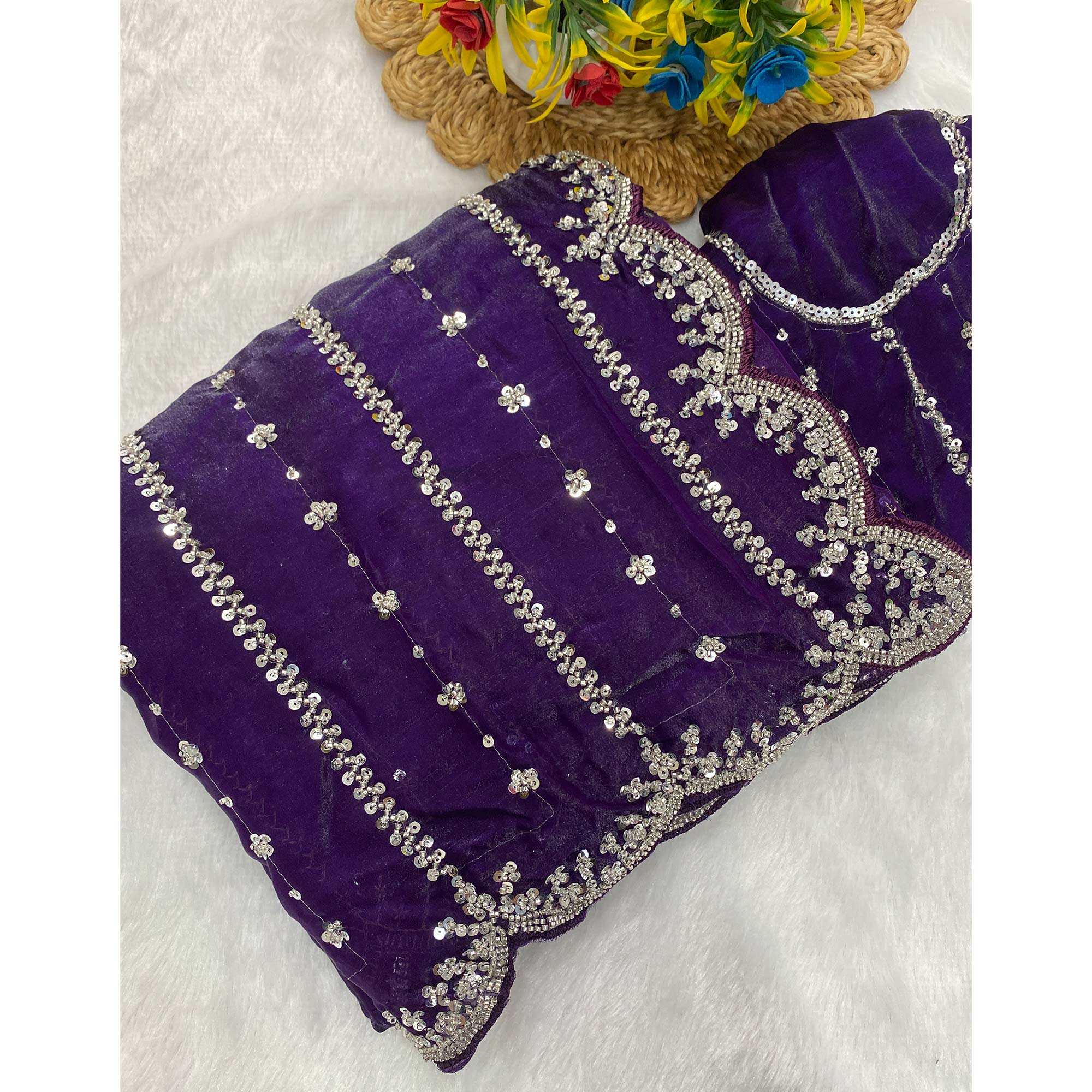 Purple Designer Satin Partywear Saree Enhanced with Sparkling Sequins Work - Image 3