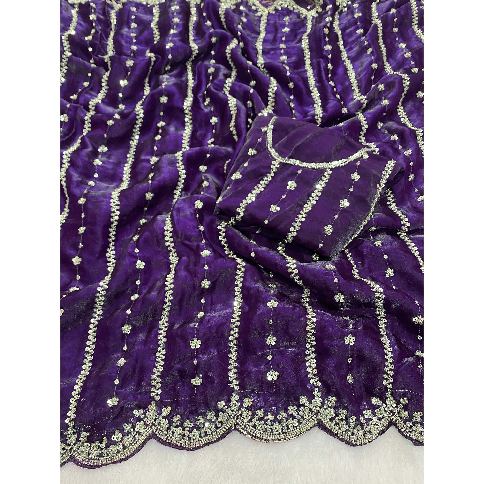 Purple Designer Satin Partywear Saree Enhanced with Sparkling Sequins Work - Image 4