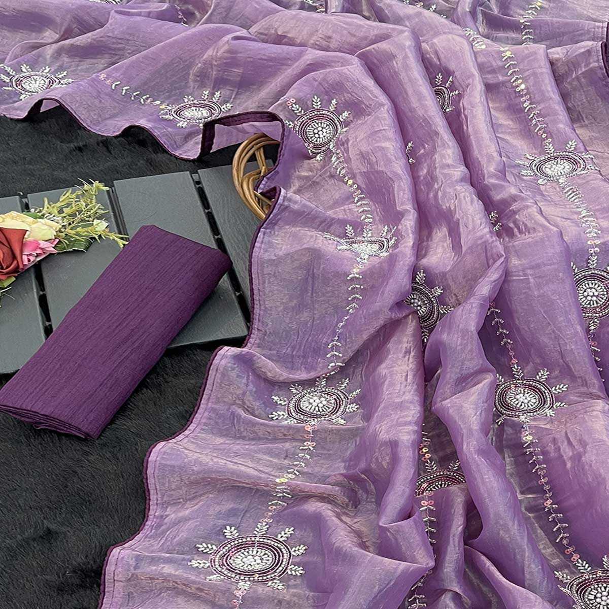 Purple Designer Silk Blend Saree Embellished with Stones & Beads - Image 2