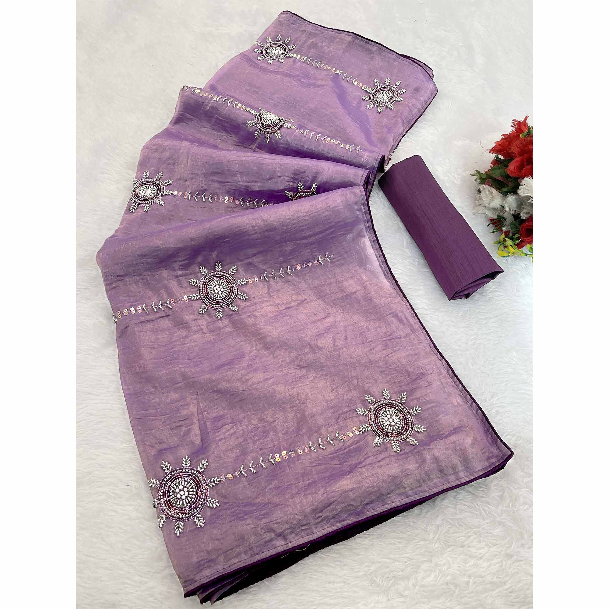 Purple Designer Silk Blend Saree Embellished with Stones & Beads - Image 3
