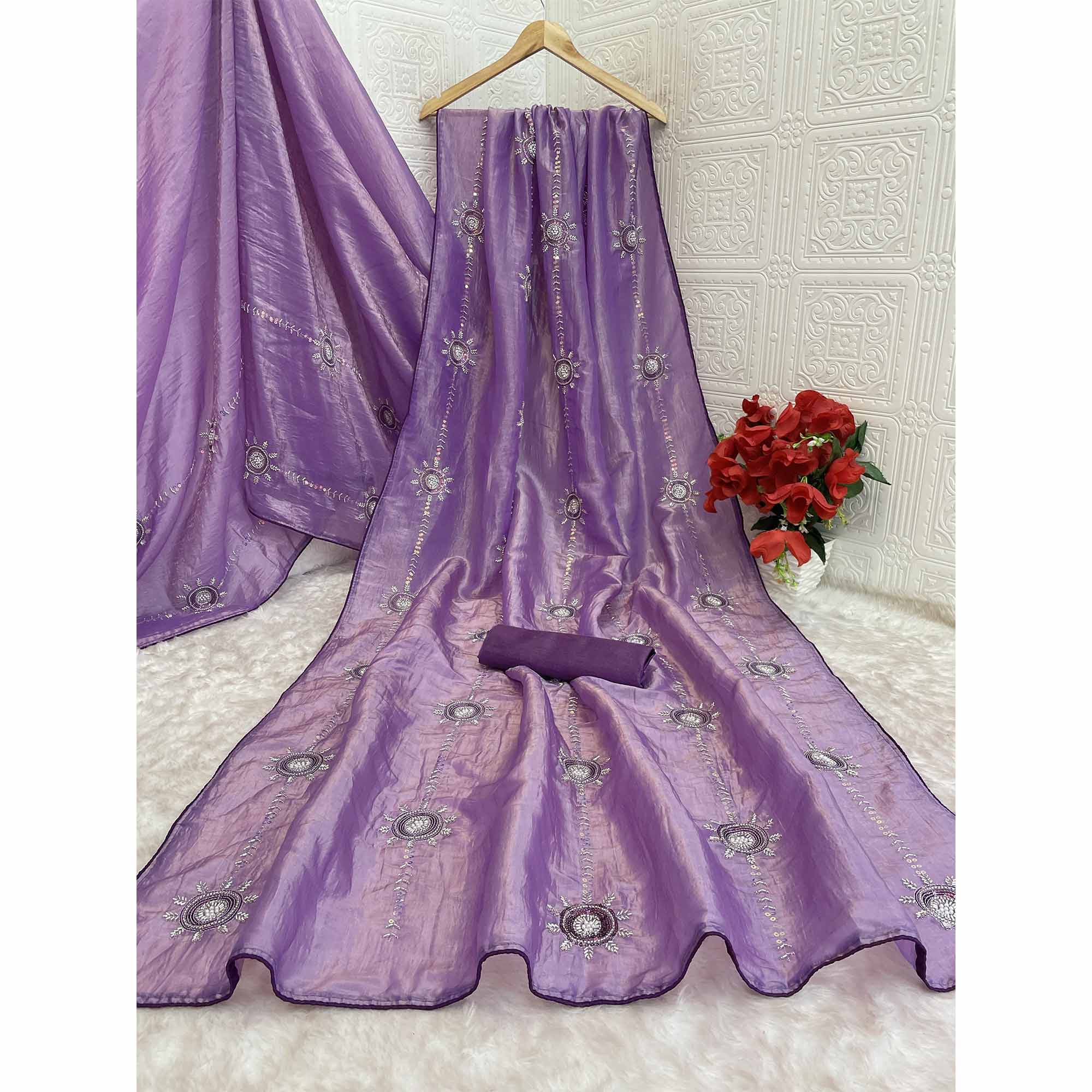 Purple Designer Silk Blend Saree Embellished with Stones & Beads - Image 6