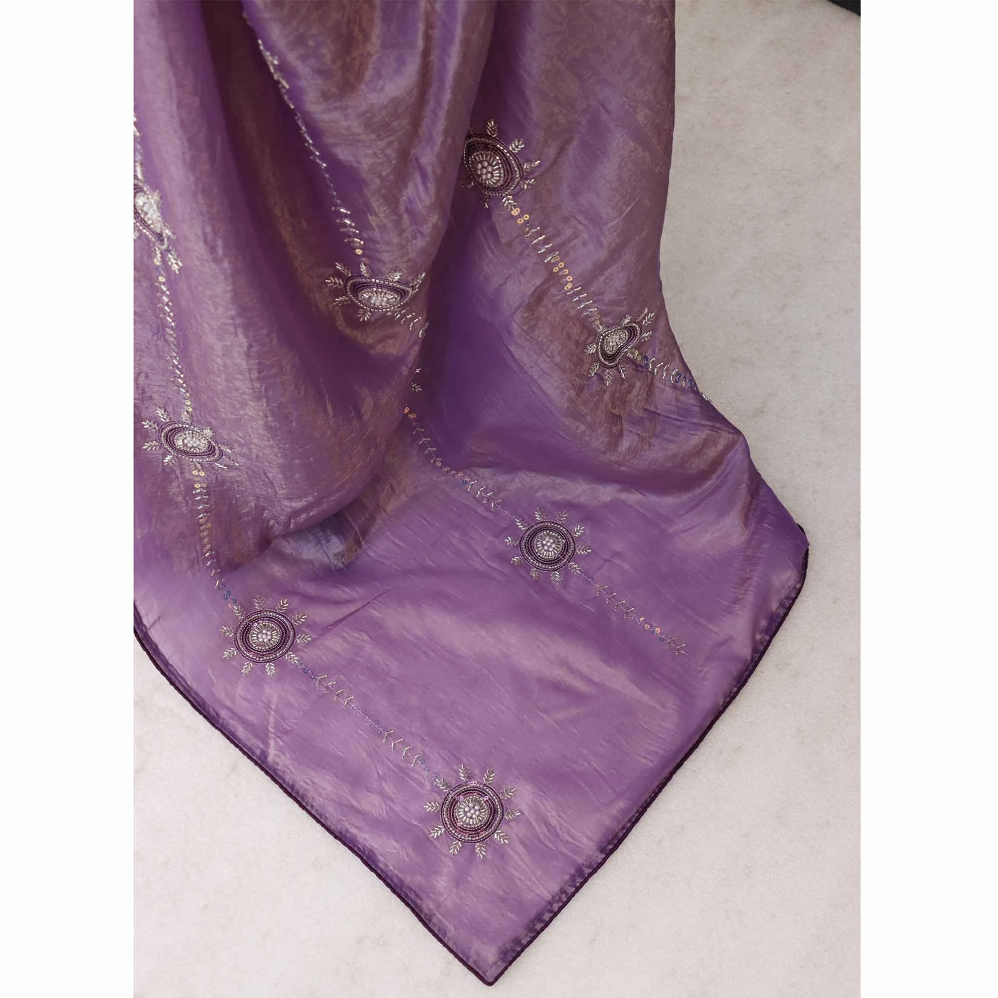 Purple Designer Silk Blend Saree Embellished with Stones & Beads - Image 9