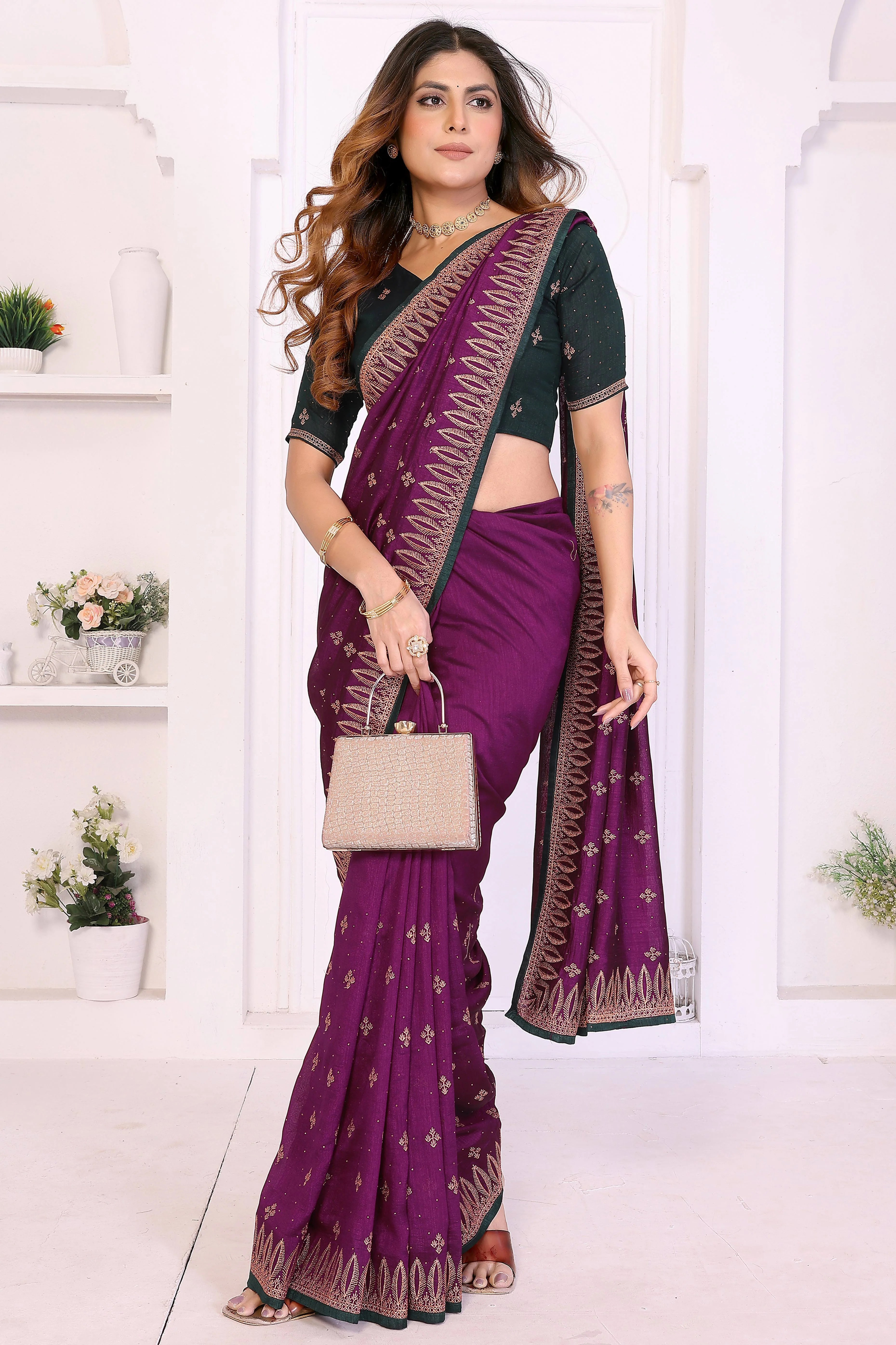 Purple Designer Vichitra Silk Saree Enhanced with Delicate Thread Work Embroidery - Image 3