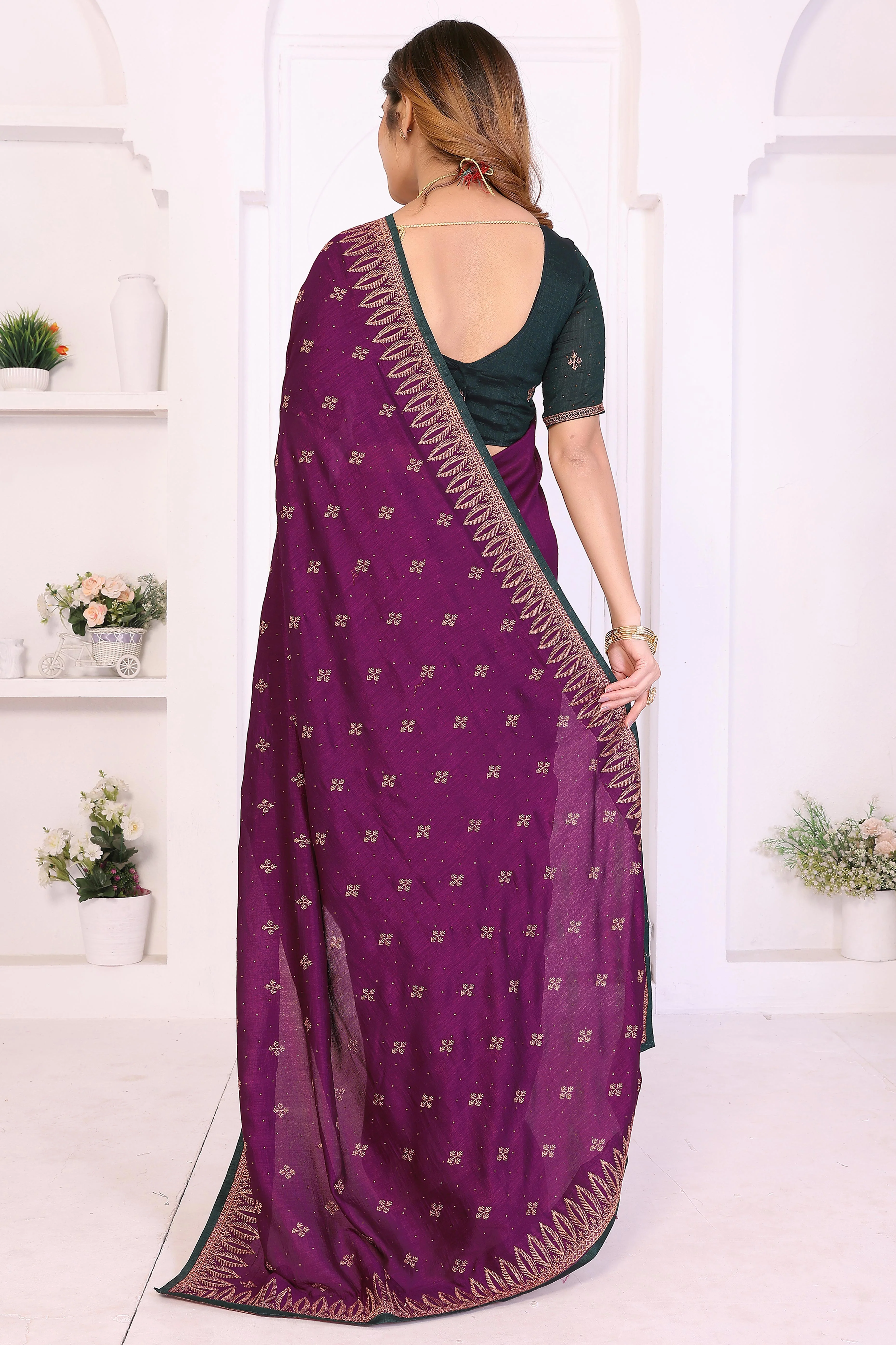 Purple Designer Vichitra Silk Saree Enhanced with Delicate Thread Work Embroidery - Image 6