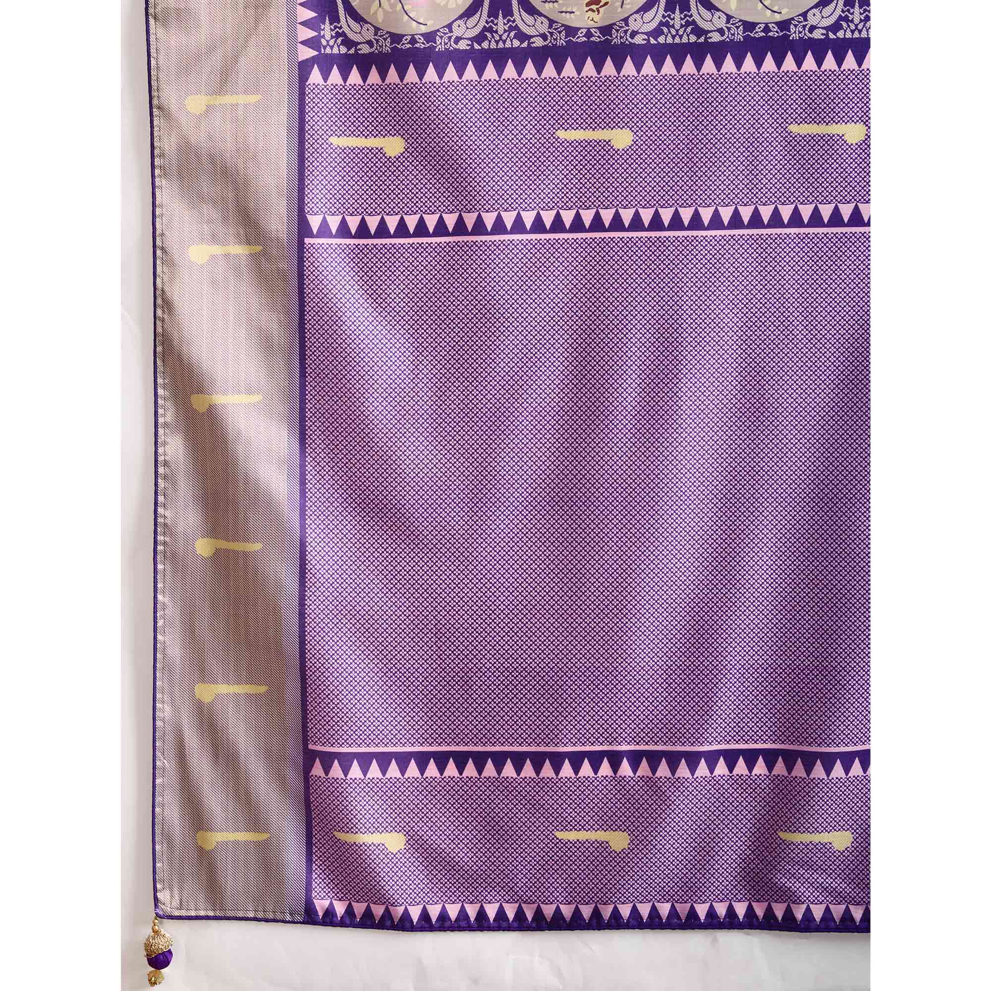 Purple Digital Printed Dola Silk Saree With Exquisite Weaving Zari Border & Opulent Pallu - Image 7