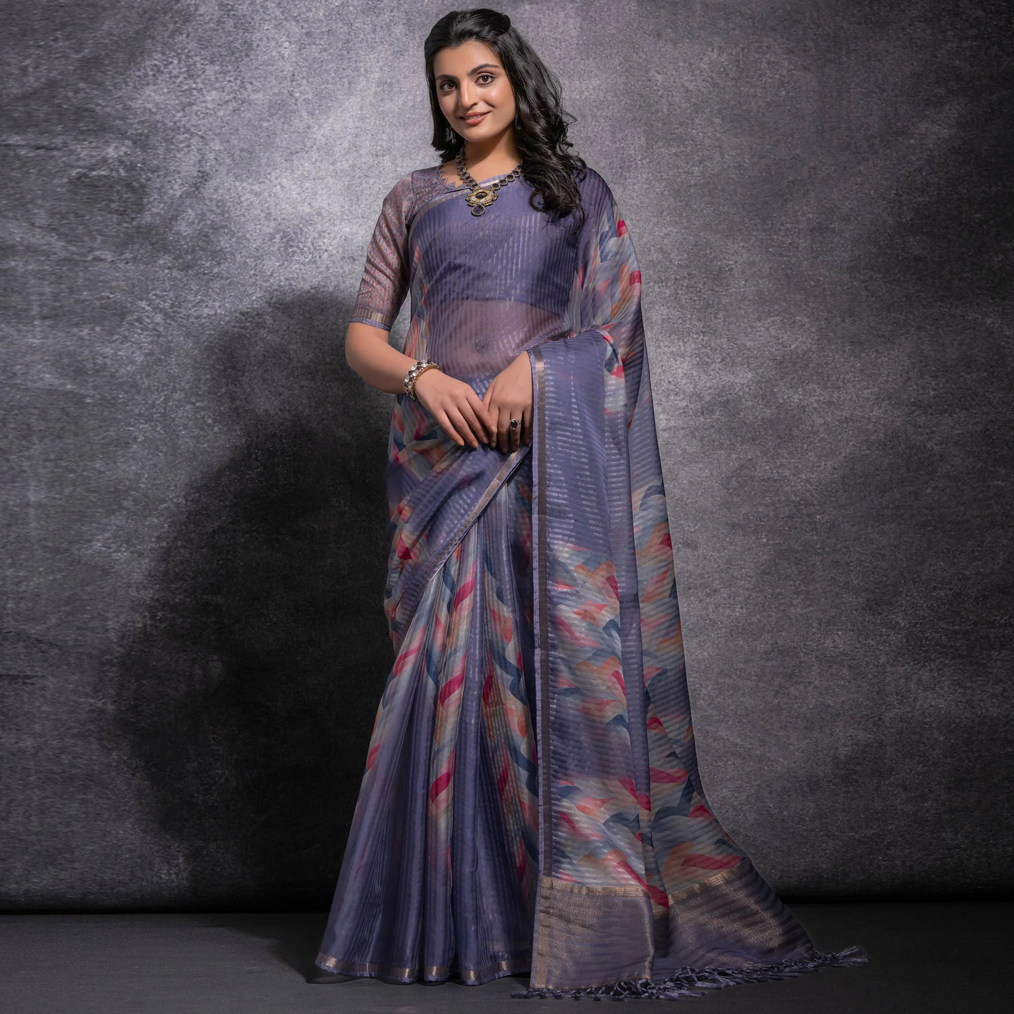 Purple Digital Printed Linen Saree With Woven Border - Image 2