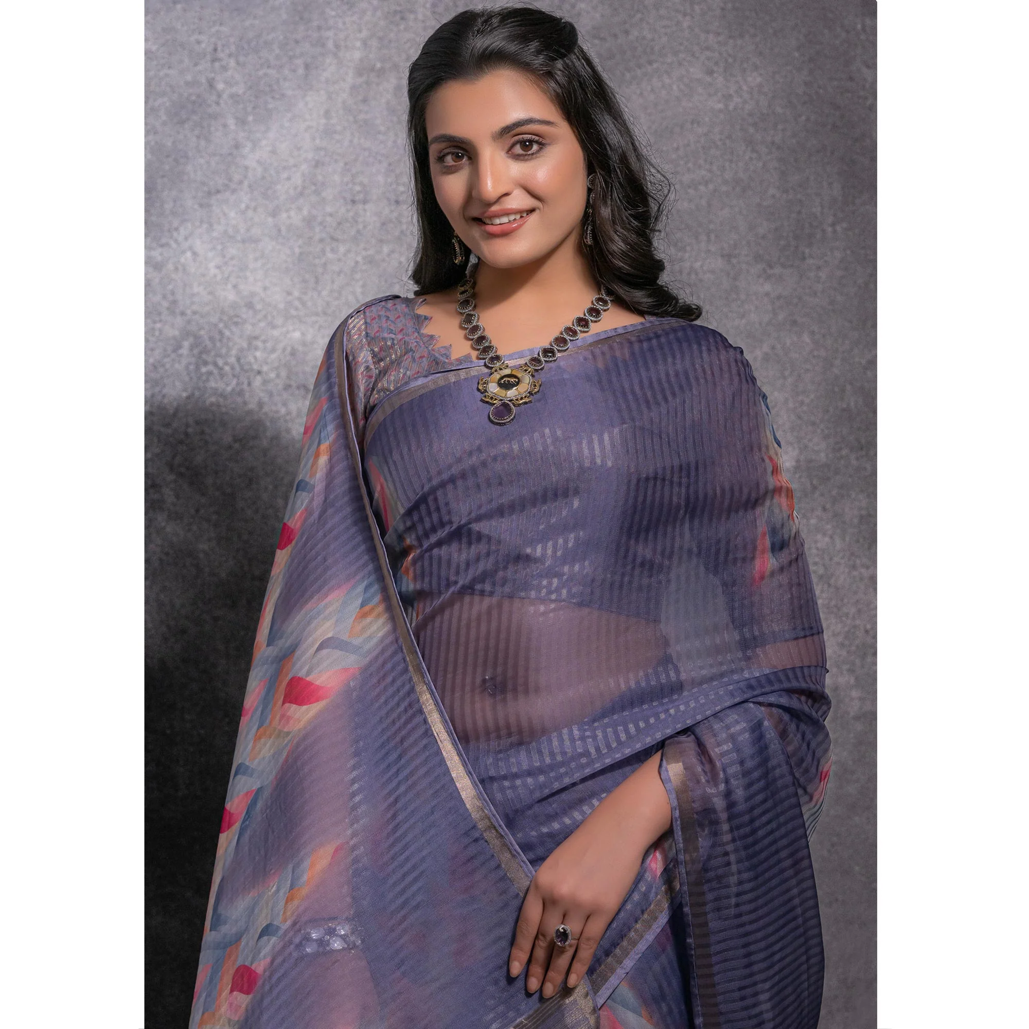 Purple Digital Printed Linen Saree With Woven Border - Image 4