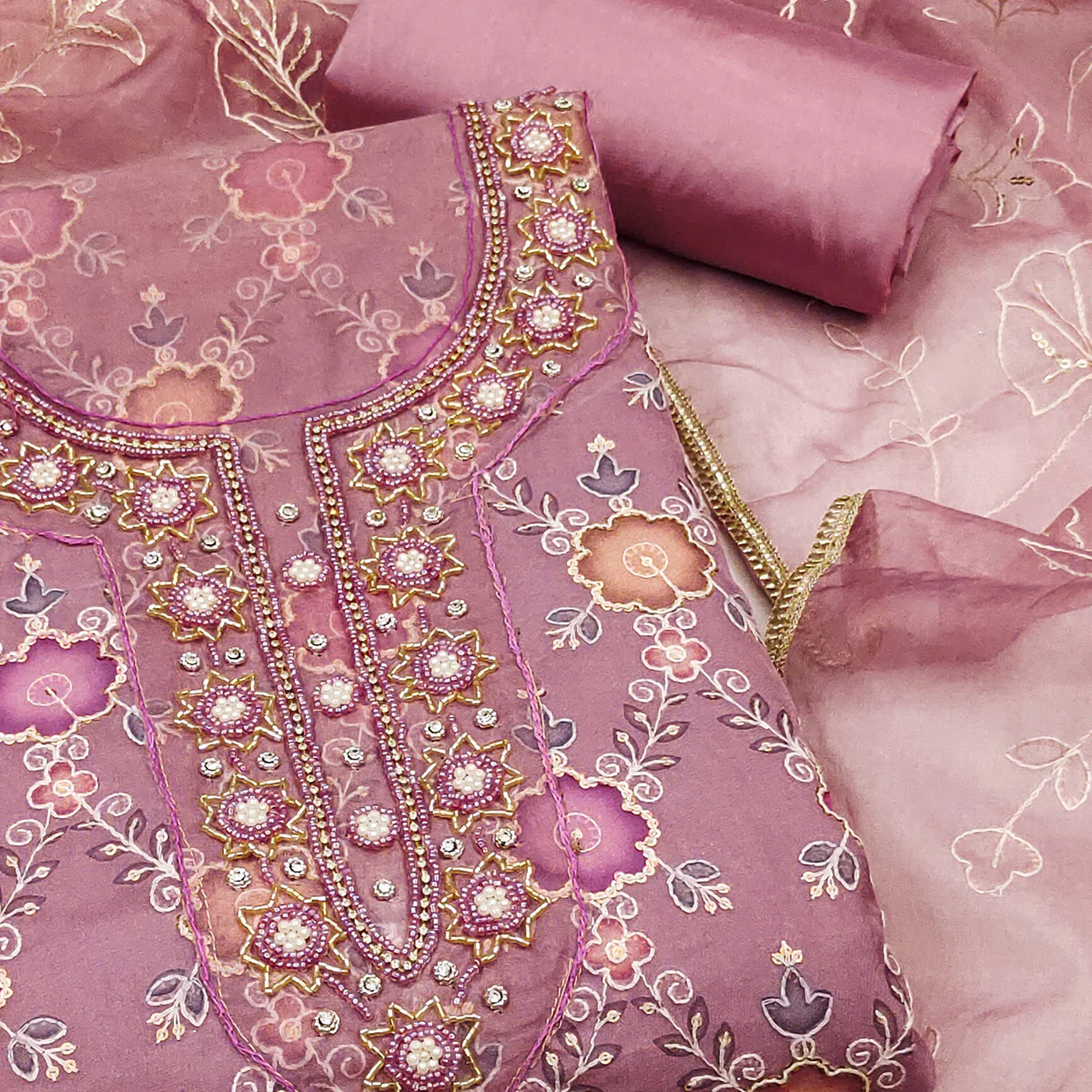 Purple Digital Printed With Hand Embroidered Organza Dress Material - Image 2