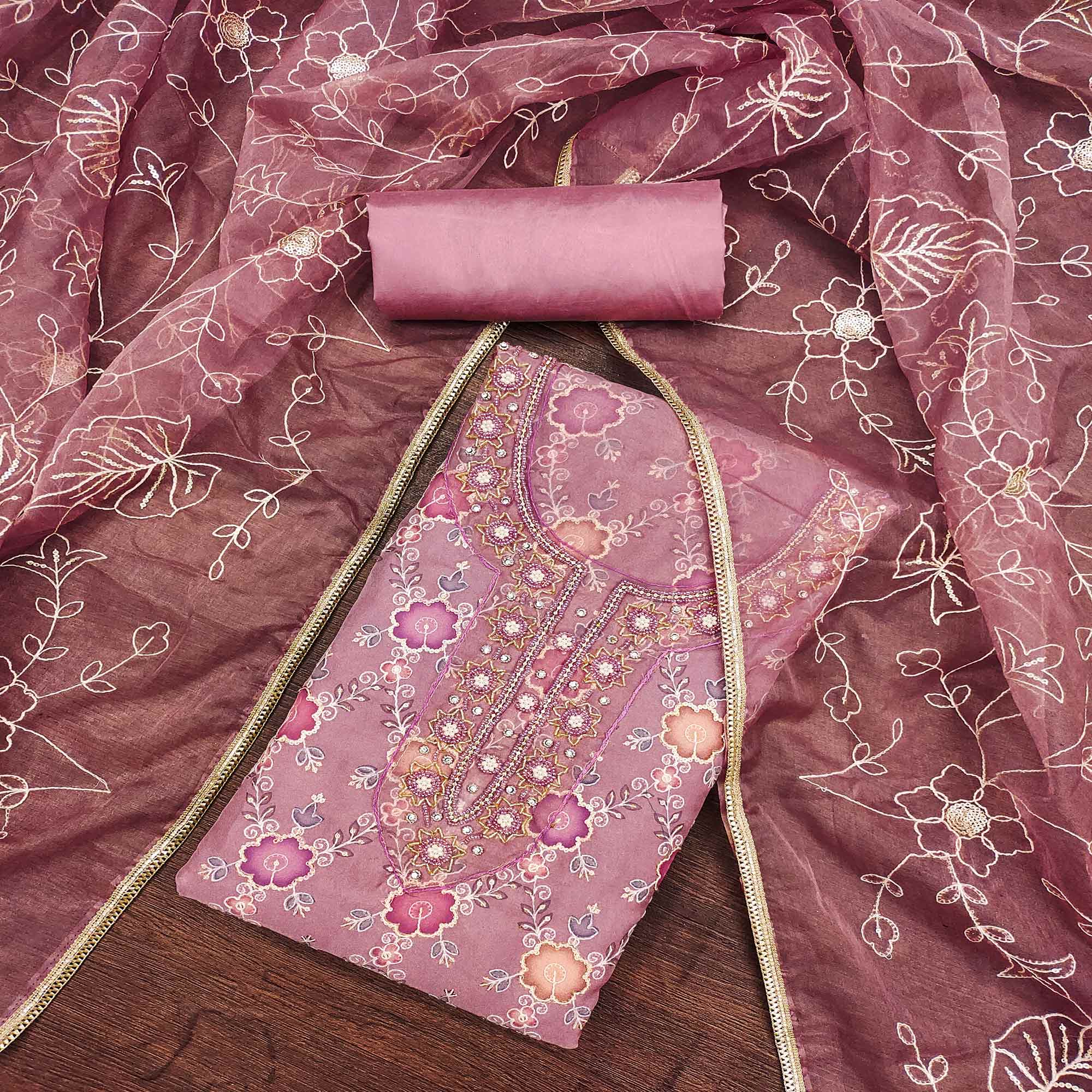 Purple Digital Printed With Hand Embroidered Organza Dress Material - Image 3