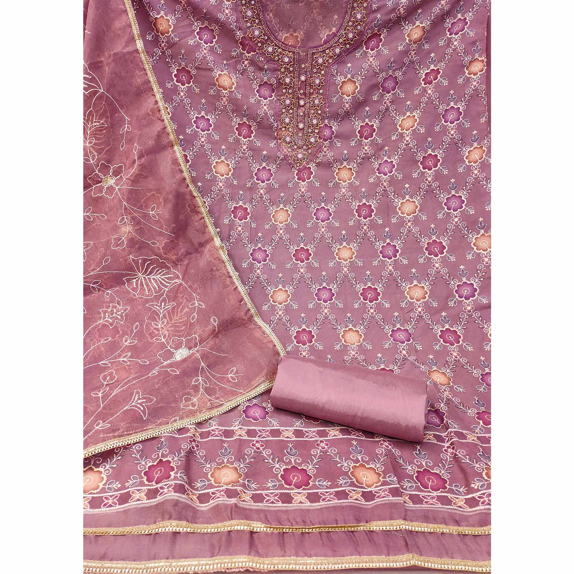 Purple Digital Printed With Hand Embroidered Organza Dress Material - Image 4