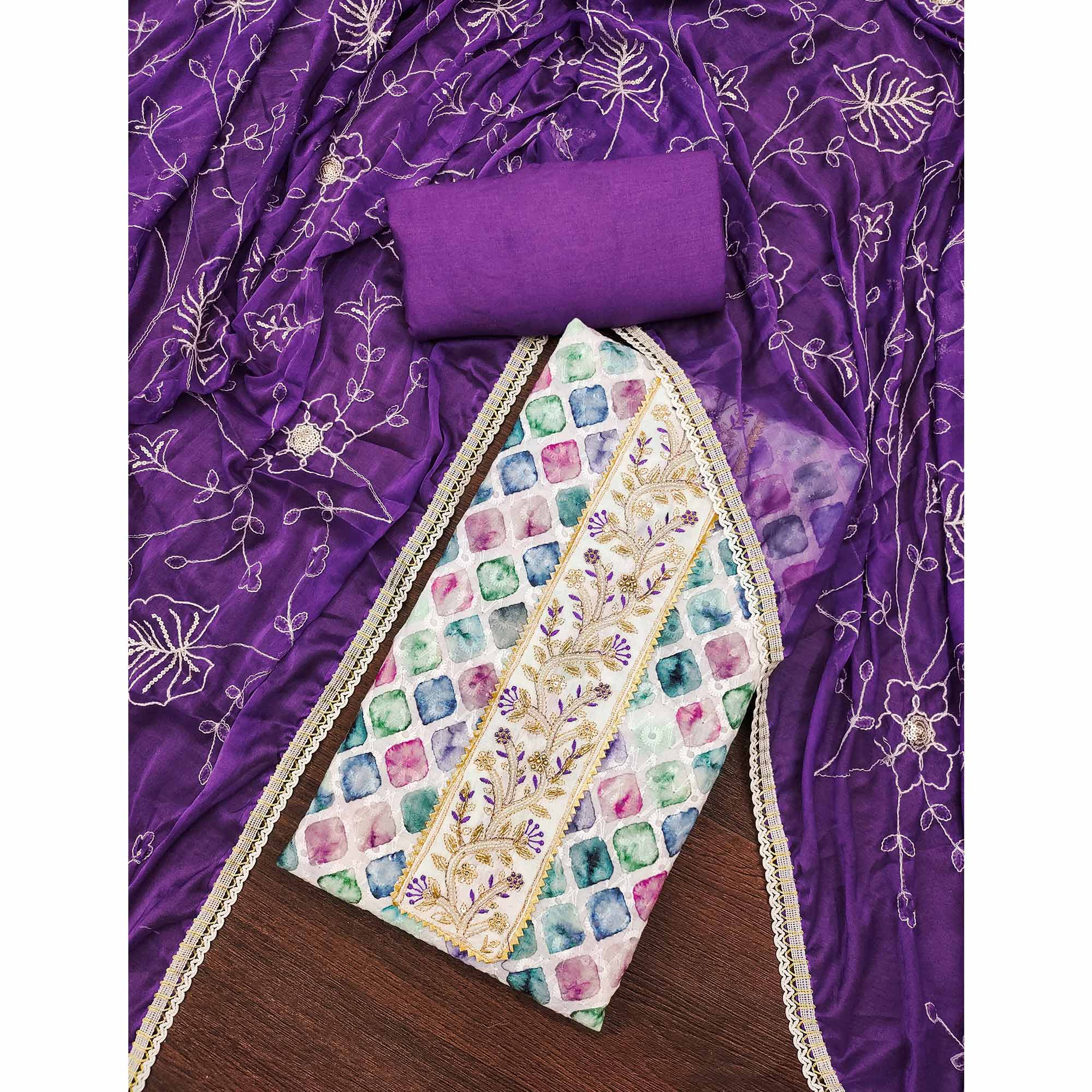 Purple Digital Printed With Sequins Embroidery & Handwork Pure Cotton Dress Material - Image 3