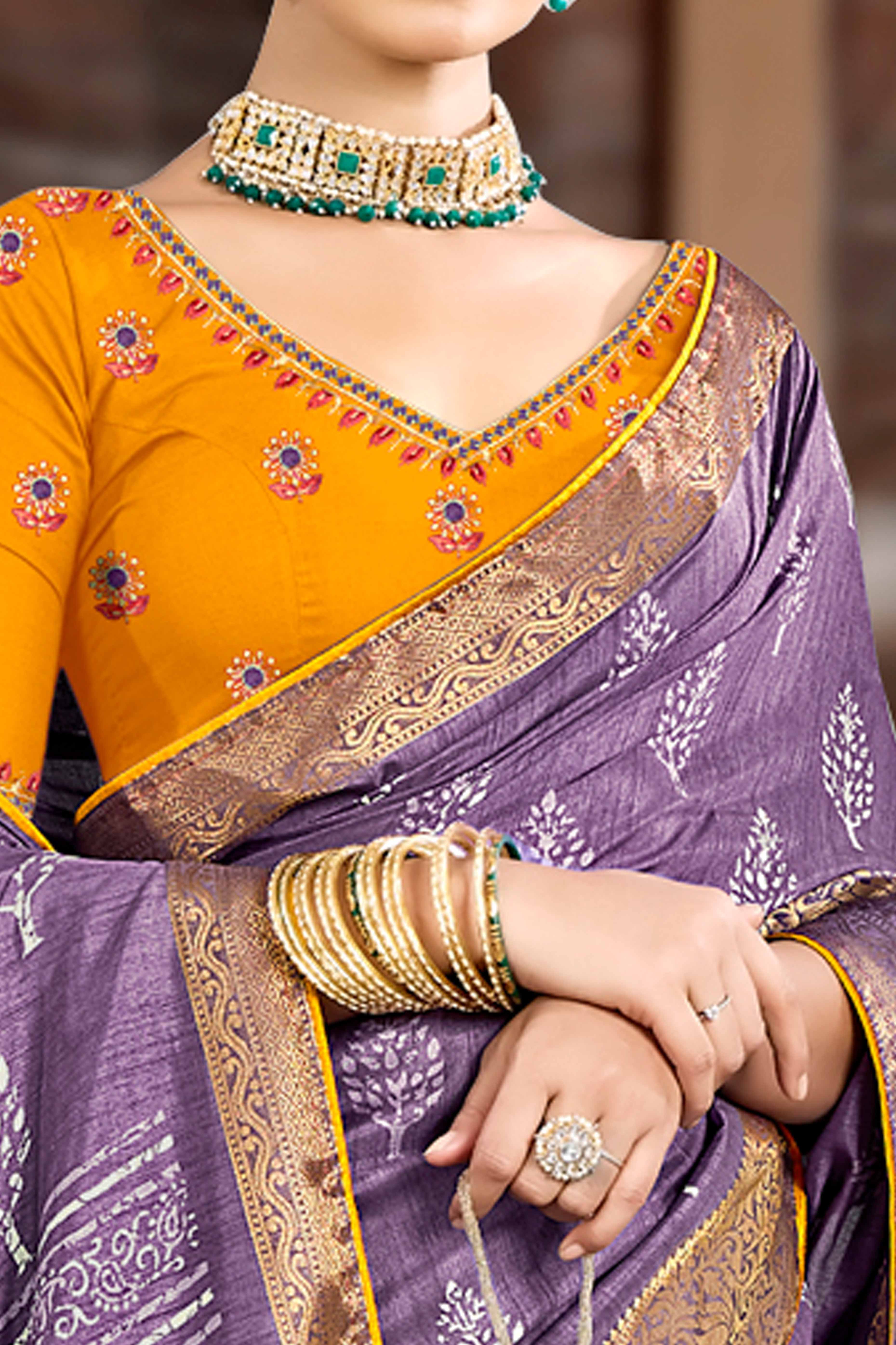 Purple Dola Silk Saree Featuring Artistic Print Work & Graceful Tassel Edging - Image 2