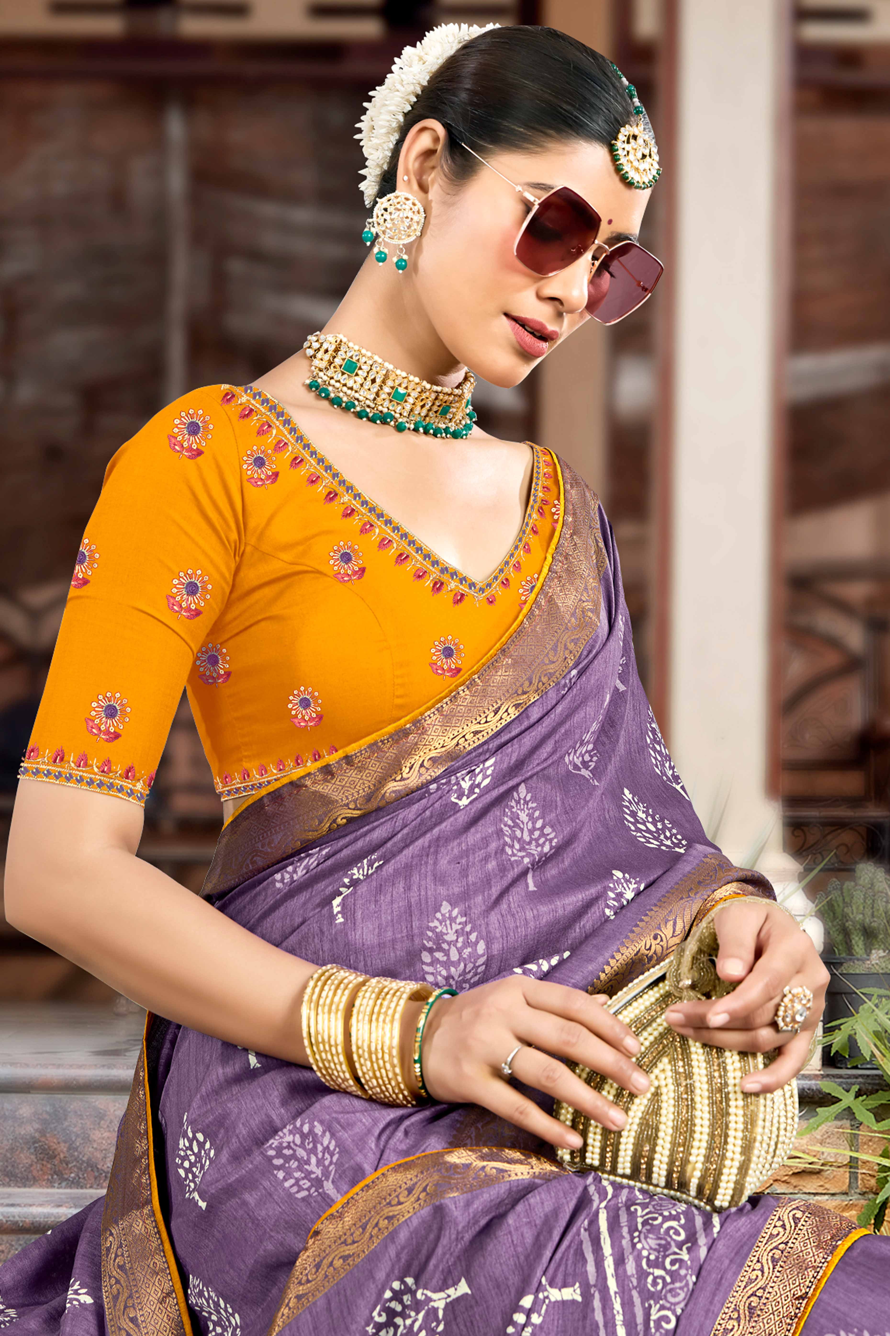 Purple Dola Silk Saree Featuring Artistic Print Work & Graceful Tassel Edging - Image 3