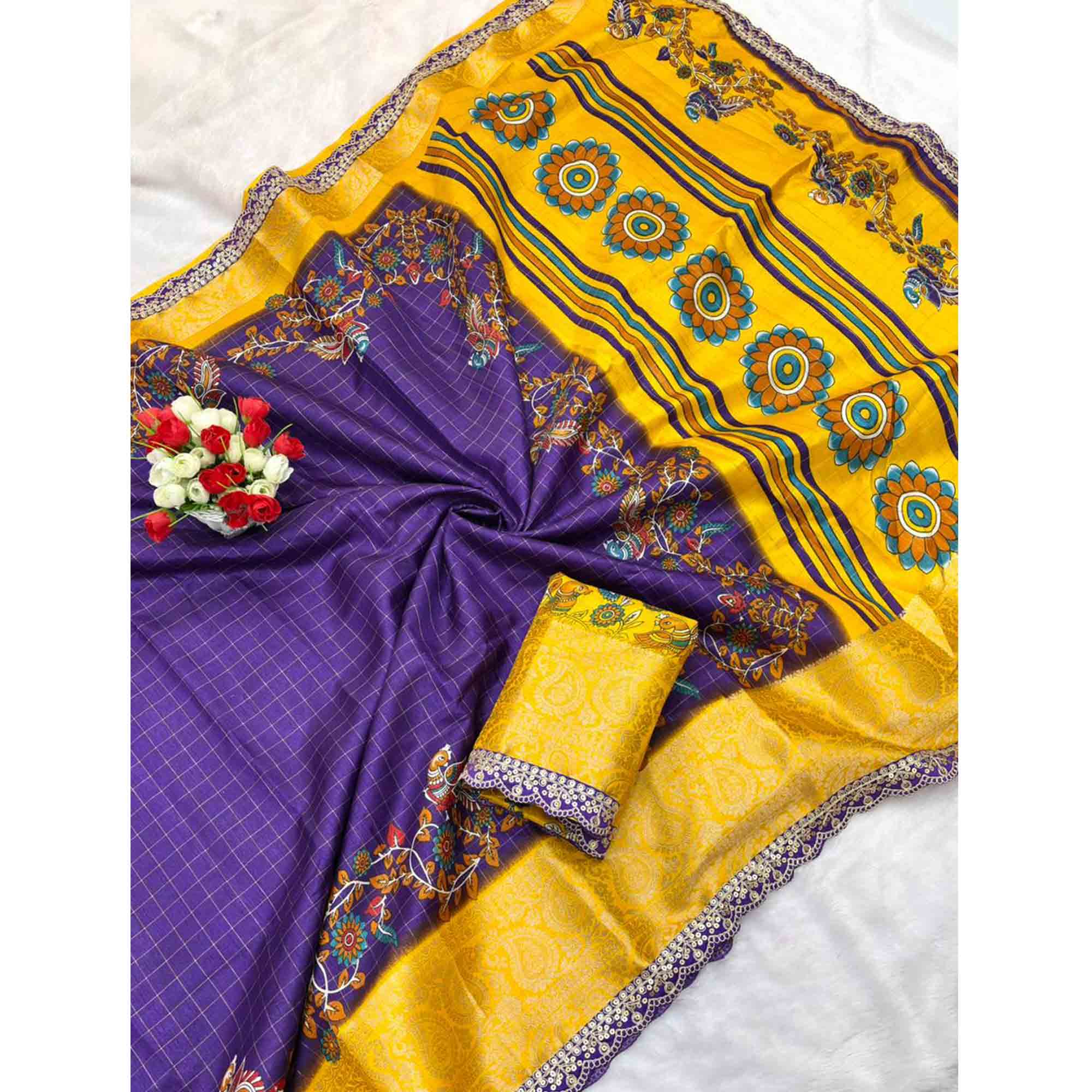 Purple Dola Silk Saree Featuring Soft Printed Detailing and a Rich Sequins Border Highlight - Image 3