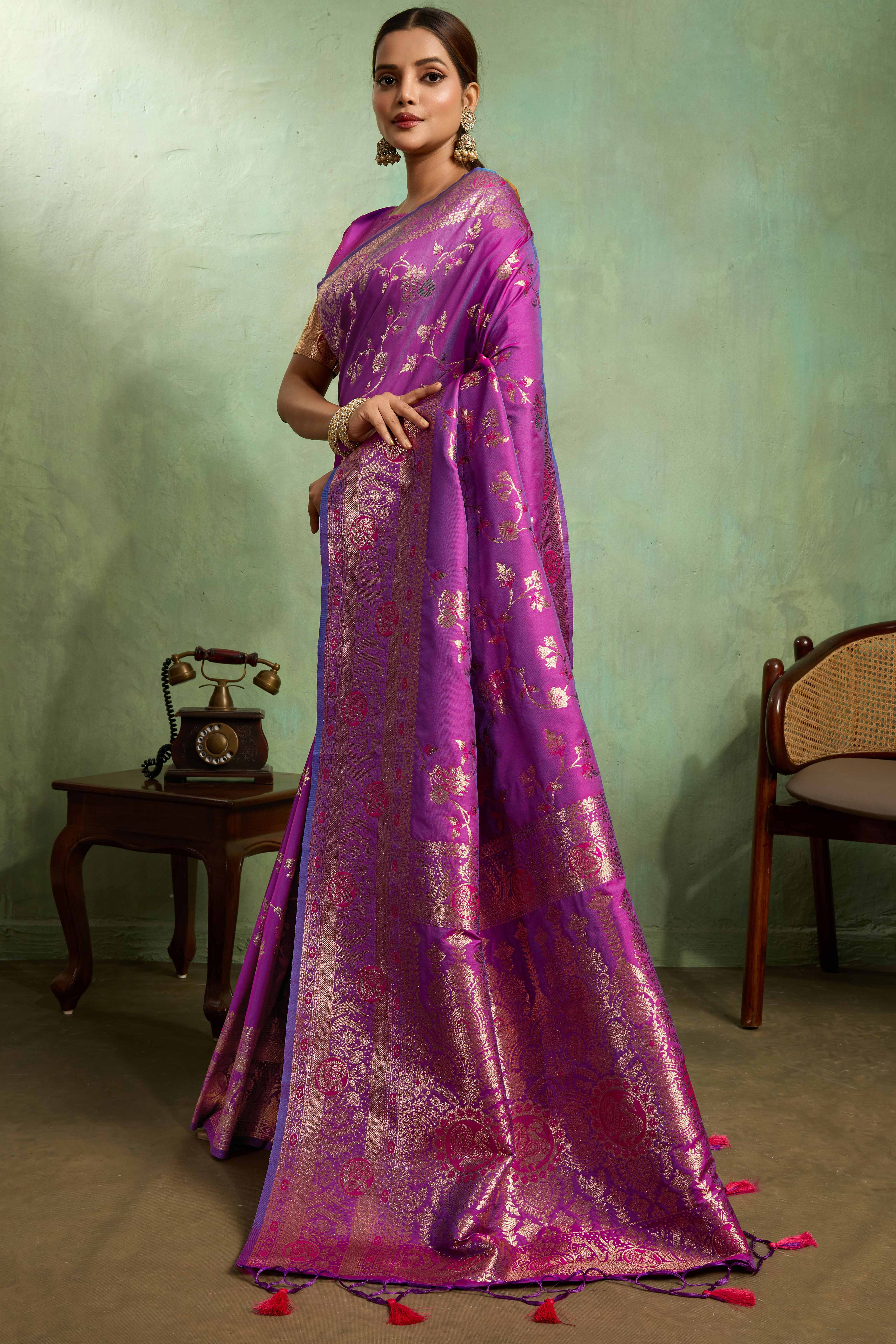 Purple Dual Tone Banarasi Silk Saree Accented with Meenakari Weaves - Image 3