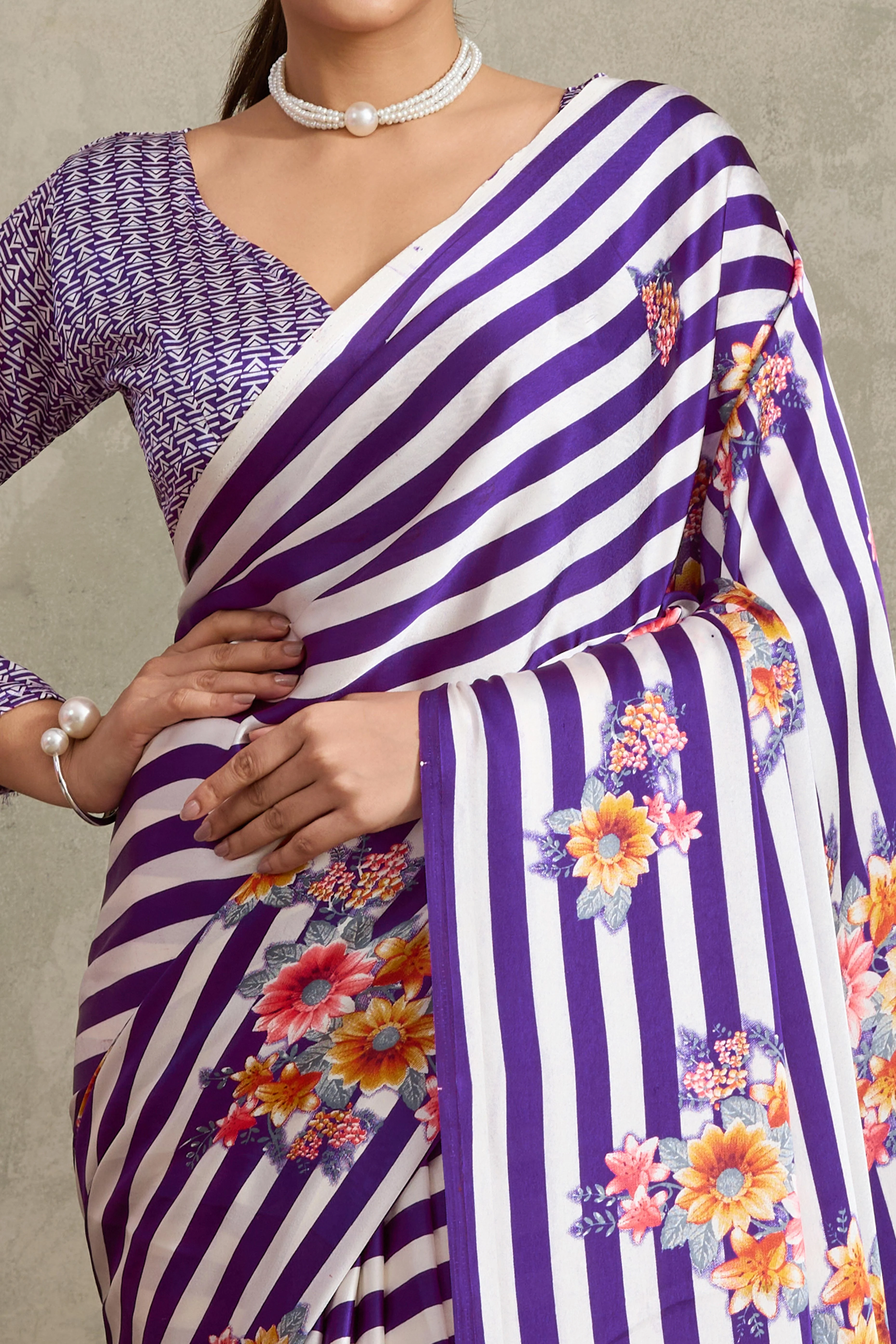 Purple Elegant Ajrakh Printed Modal Satin Saree Designed for Festive & Party Occasions - Image 2