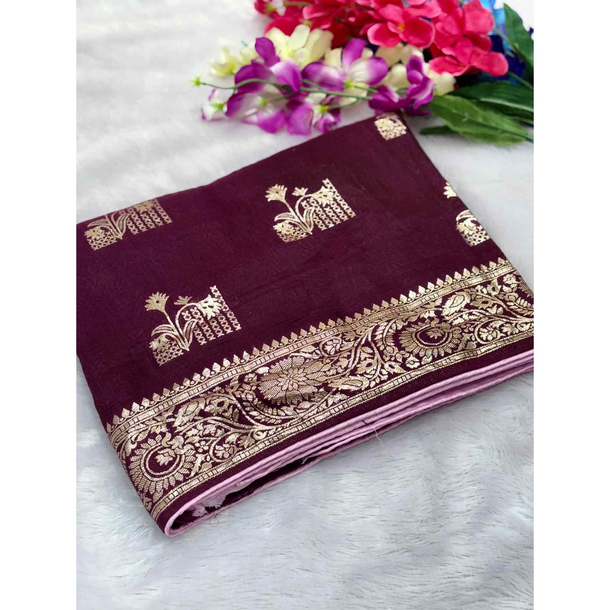 Purple Elegant Soft Muslin Saree with Fine Meenakari Zari Woven Motifs - Image 4