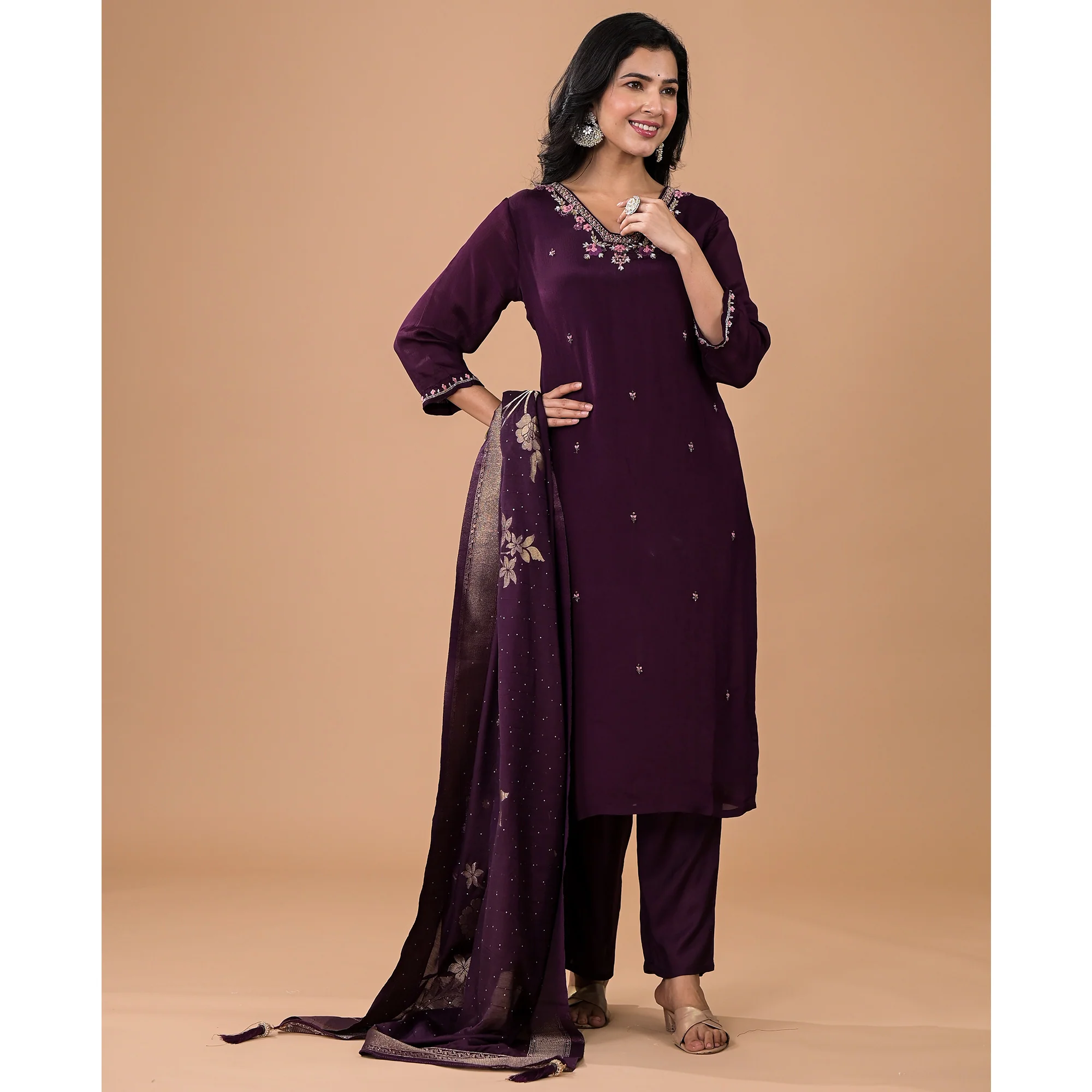 Purple Embroiderd Chinon Straight Salwar Suit - Image 6