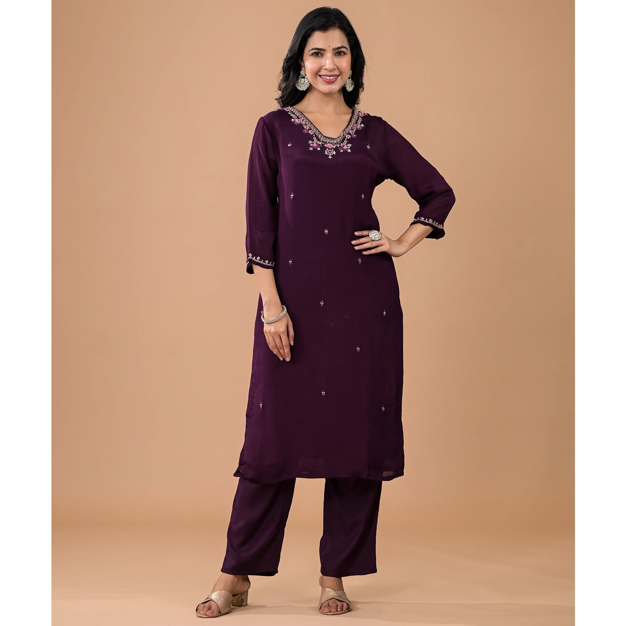 Purple Embroiderd Chinon Straight Salwar Suit - Image 7