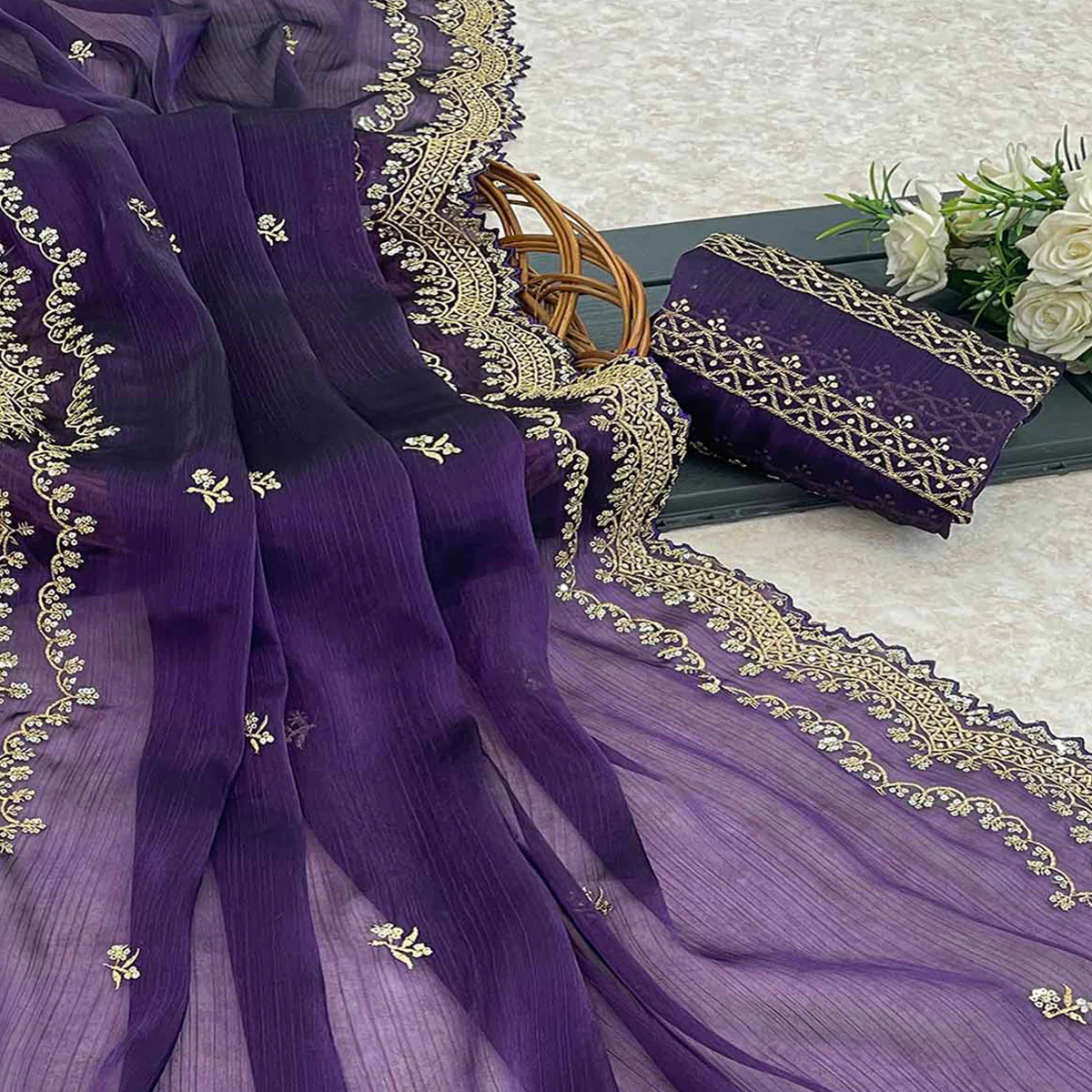 Purple Embroidered Chiffon Saree - Image 2