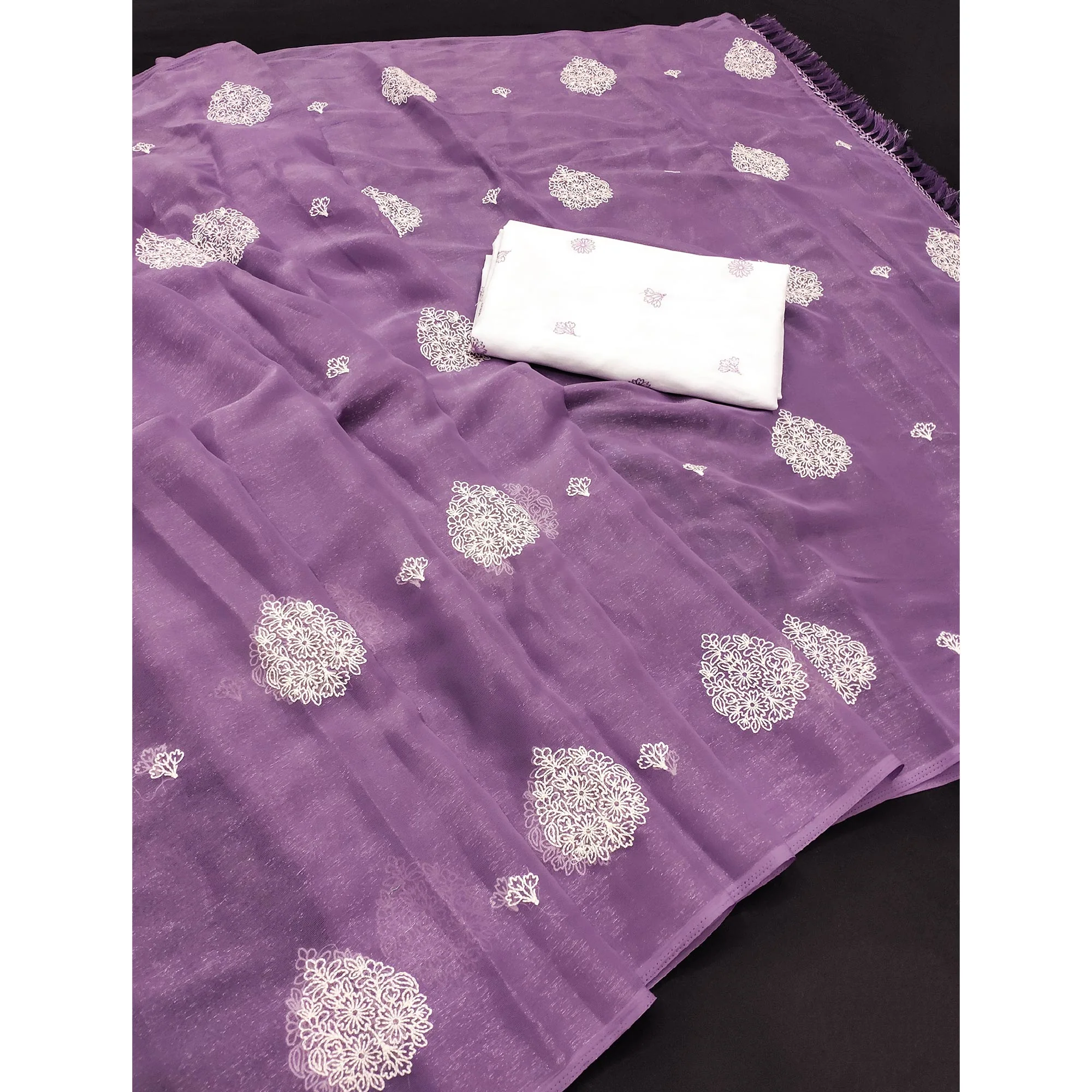 Purple Embroidered Chiffon Saree With Elegant Tassel Borders - Image 3