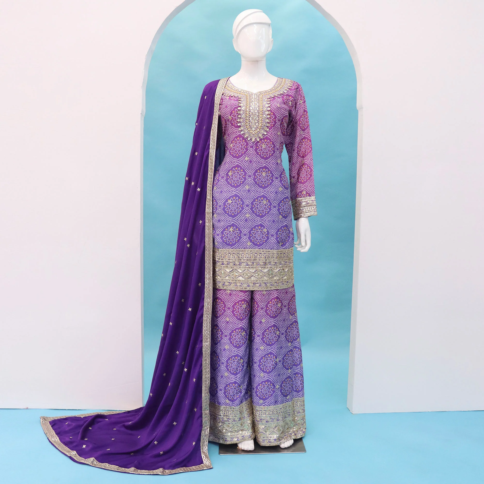Purple Embroidered Chinon Palazzo Suit - Image 4