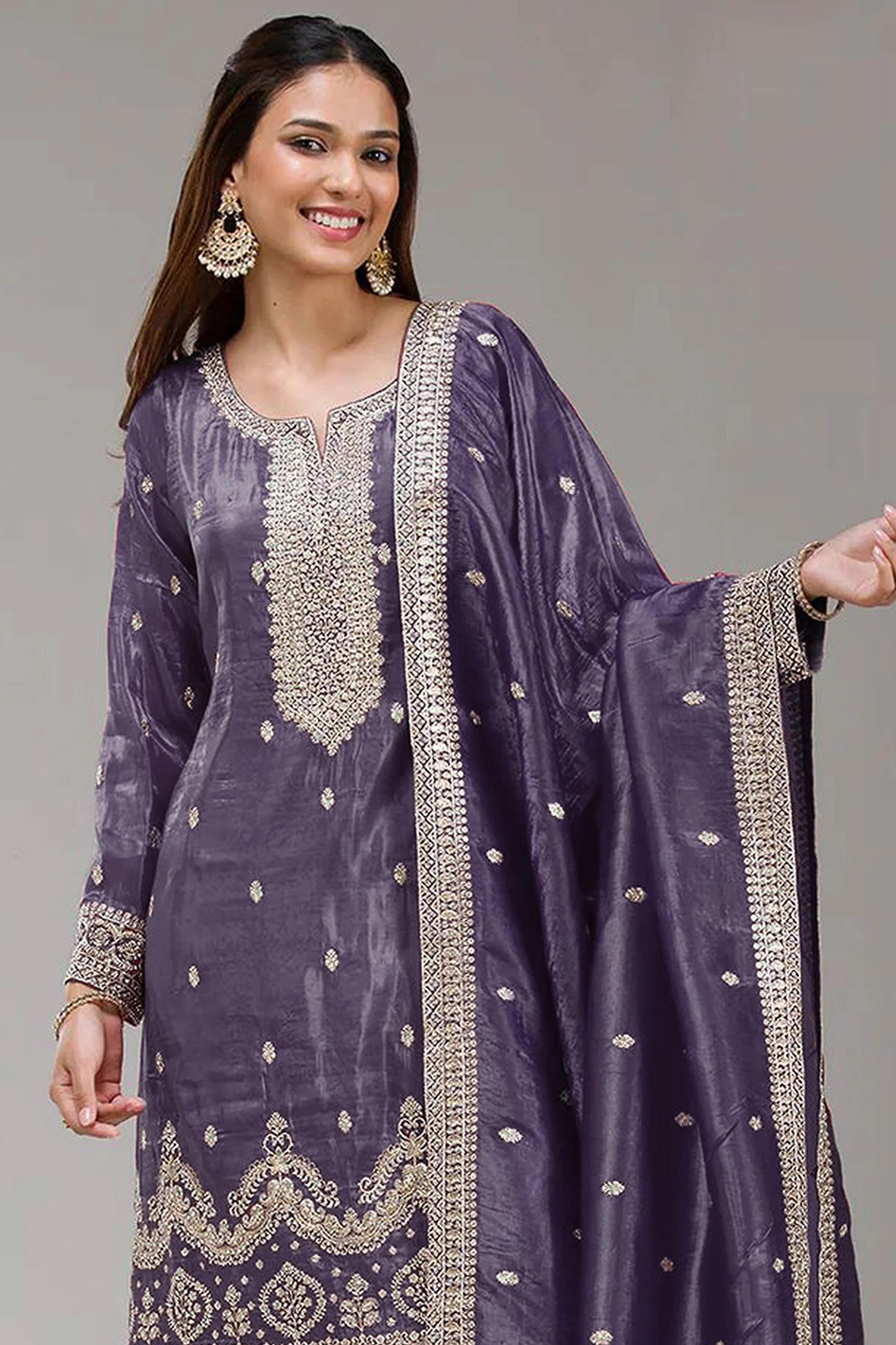 Purple Embroidered Georgette Palazzo Style Semi-Stitched Salwar Suit for Graceful Occasions - Image 3