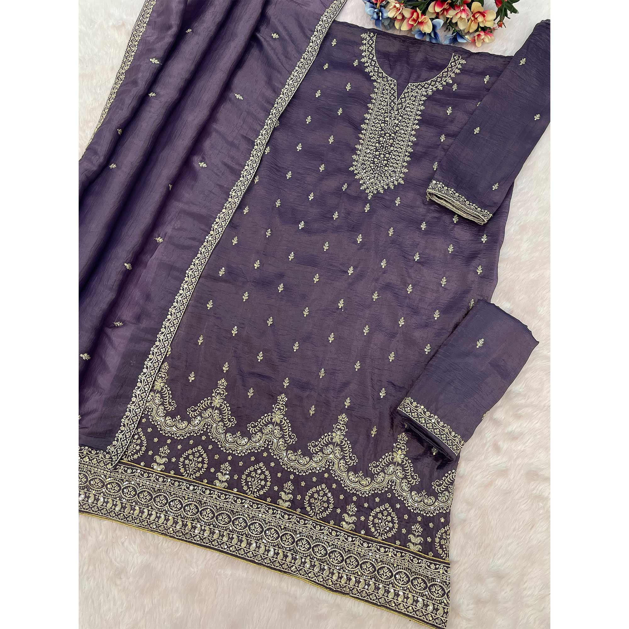 Purple Embroidered Georgette Palazzo Style Semi-Stitched Salwar Suit for Graceful Occasions - Image 4