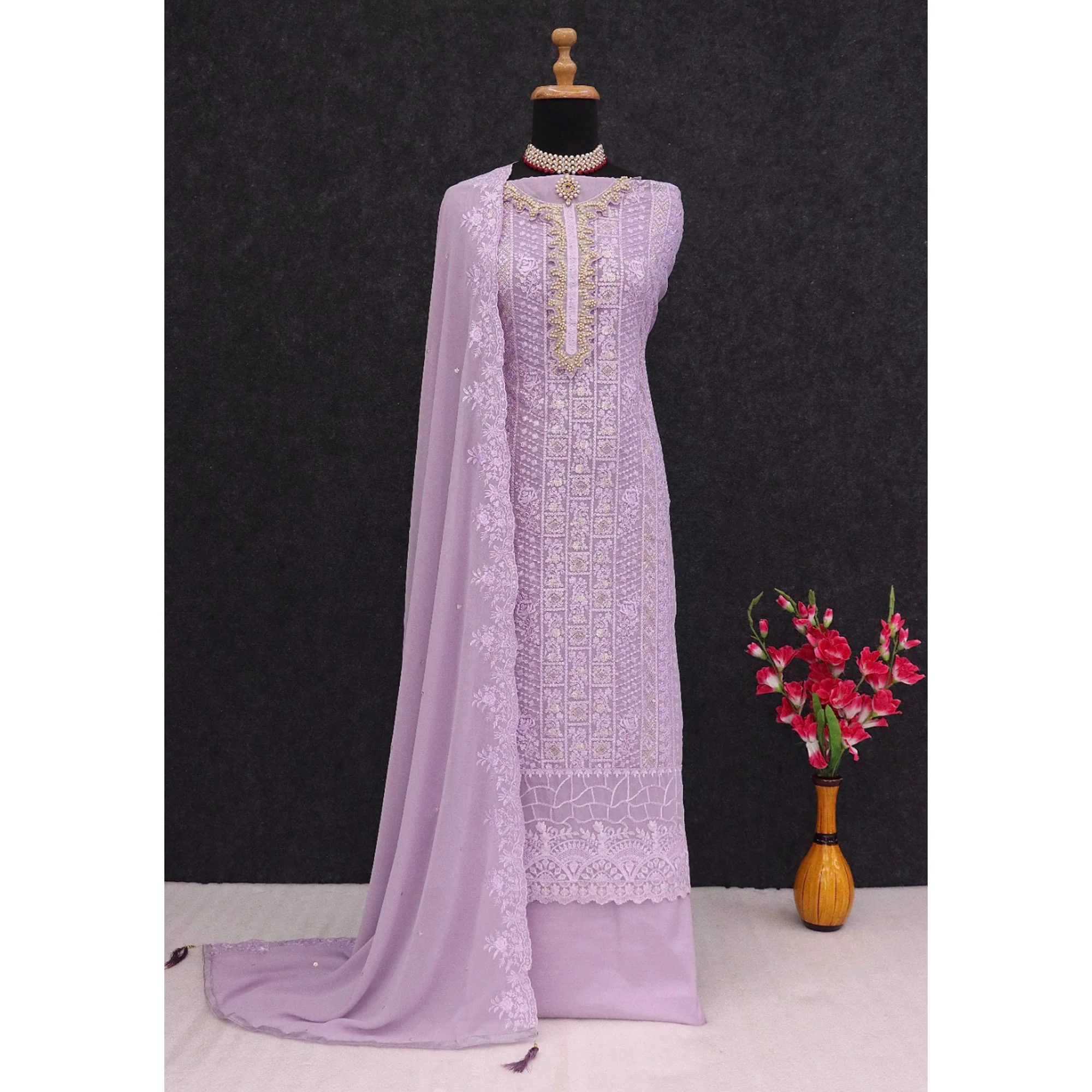 Purple Embroidered Georgette Semi-Stitched Pakistani Suit - Image 4
