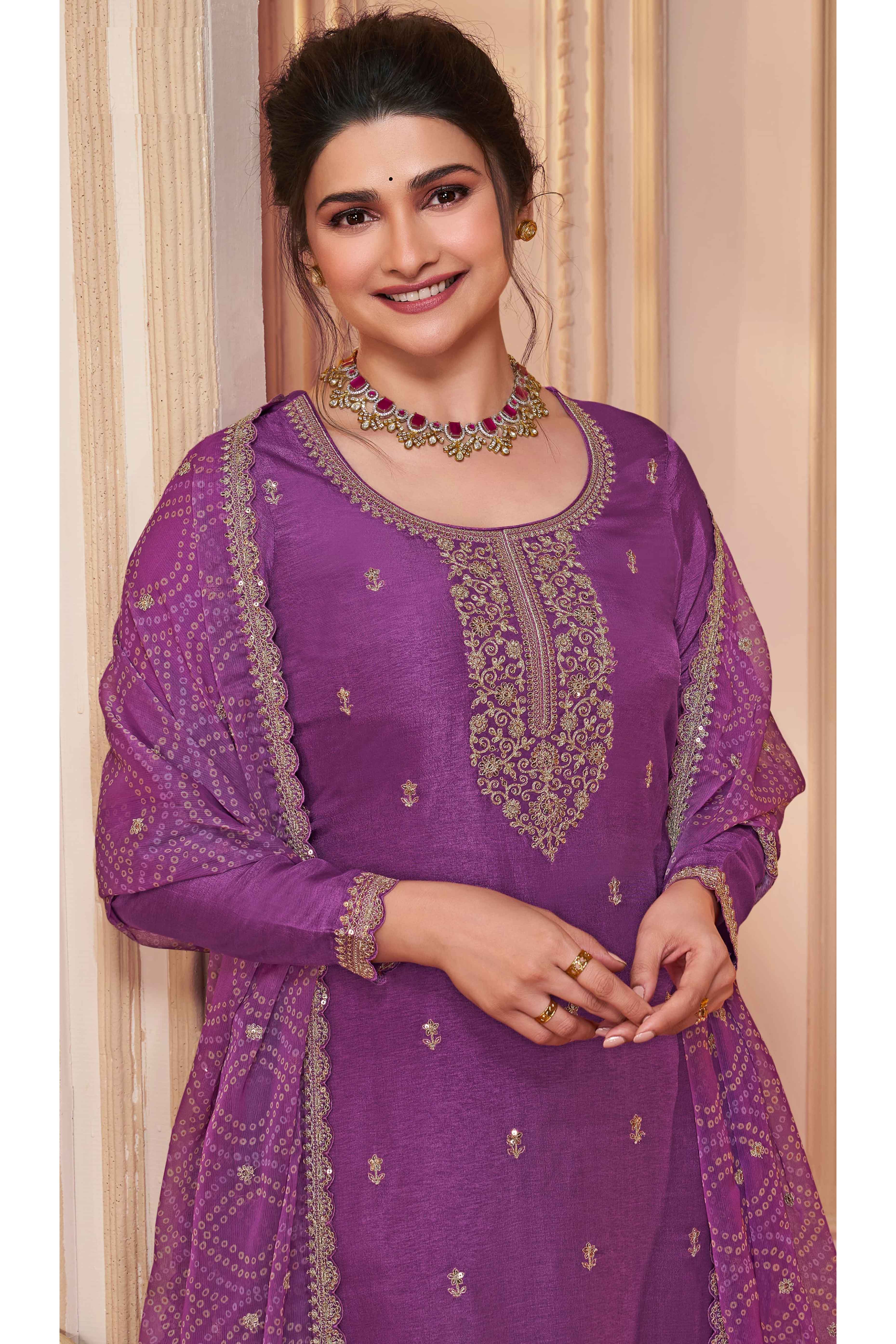 Purple Embroidered Georgette Semi-Stitched Pakistani Suit - Image 3