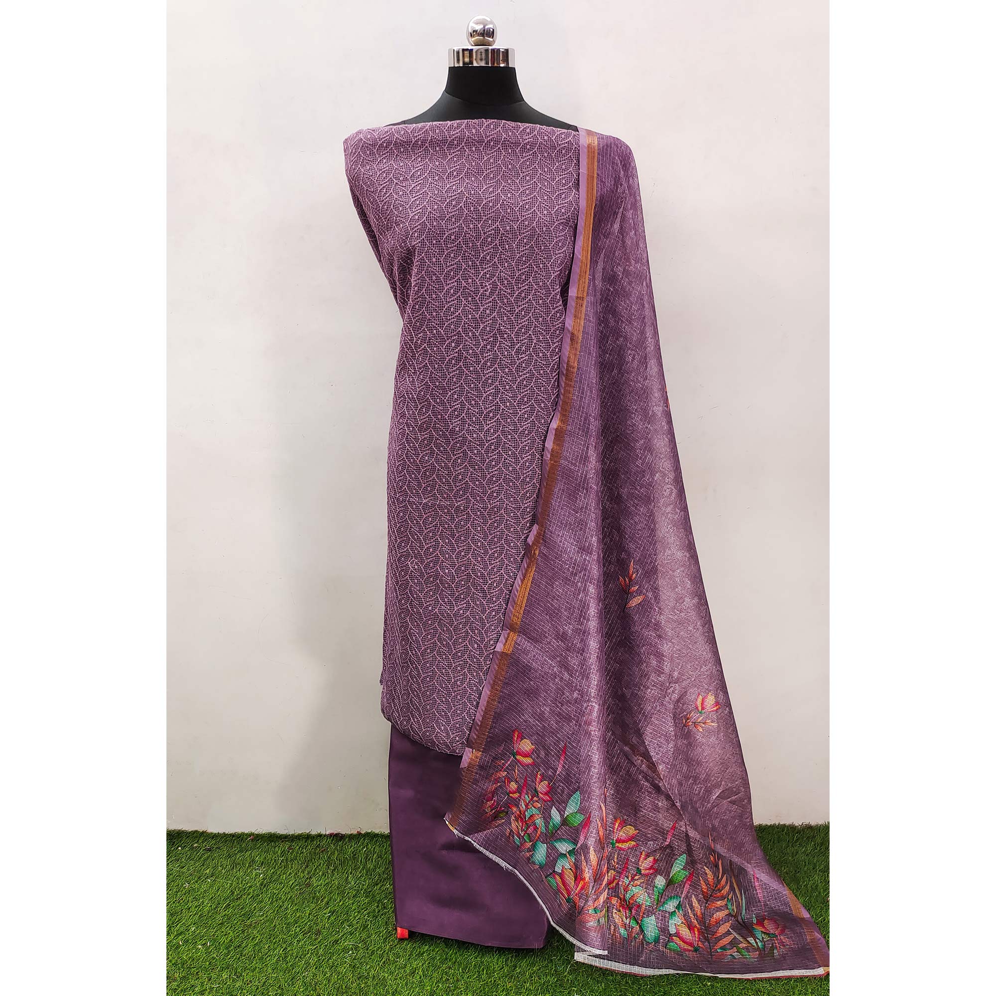 Purple Embroidered Kota Doria Dress Material - Image 3