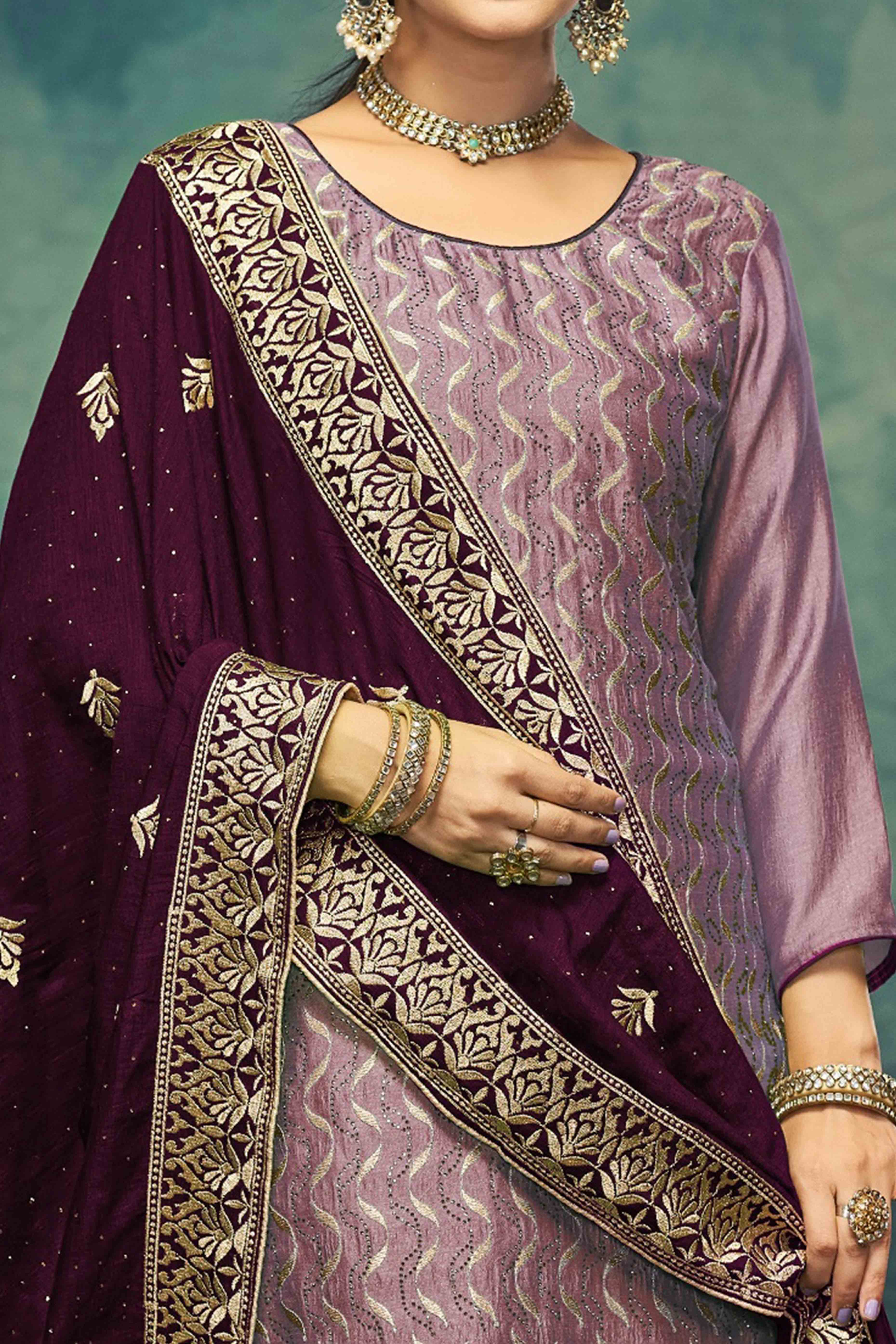 Purple Embroidery With Swarovski Work Vichitra Silk Semi Stitched Suit - Image 2