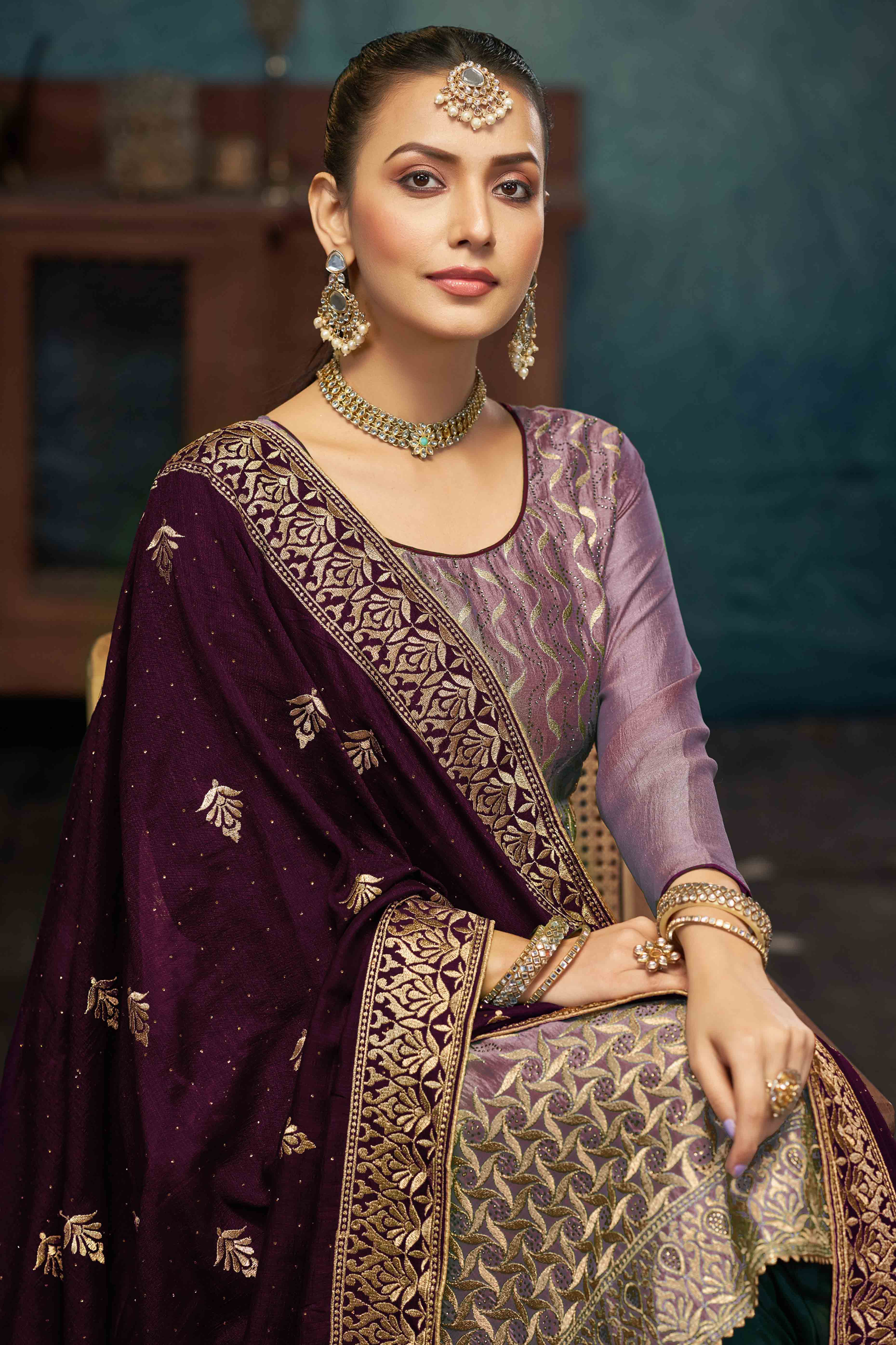 Purple Embroidery With Swarovski Work Vichitra Silk Semi Stitched Suit - Image 3