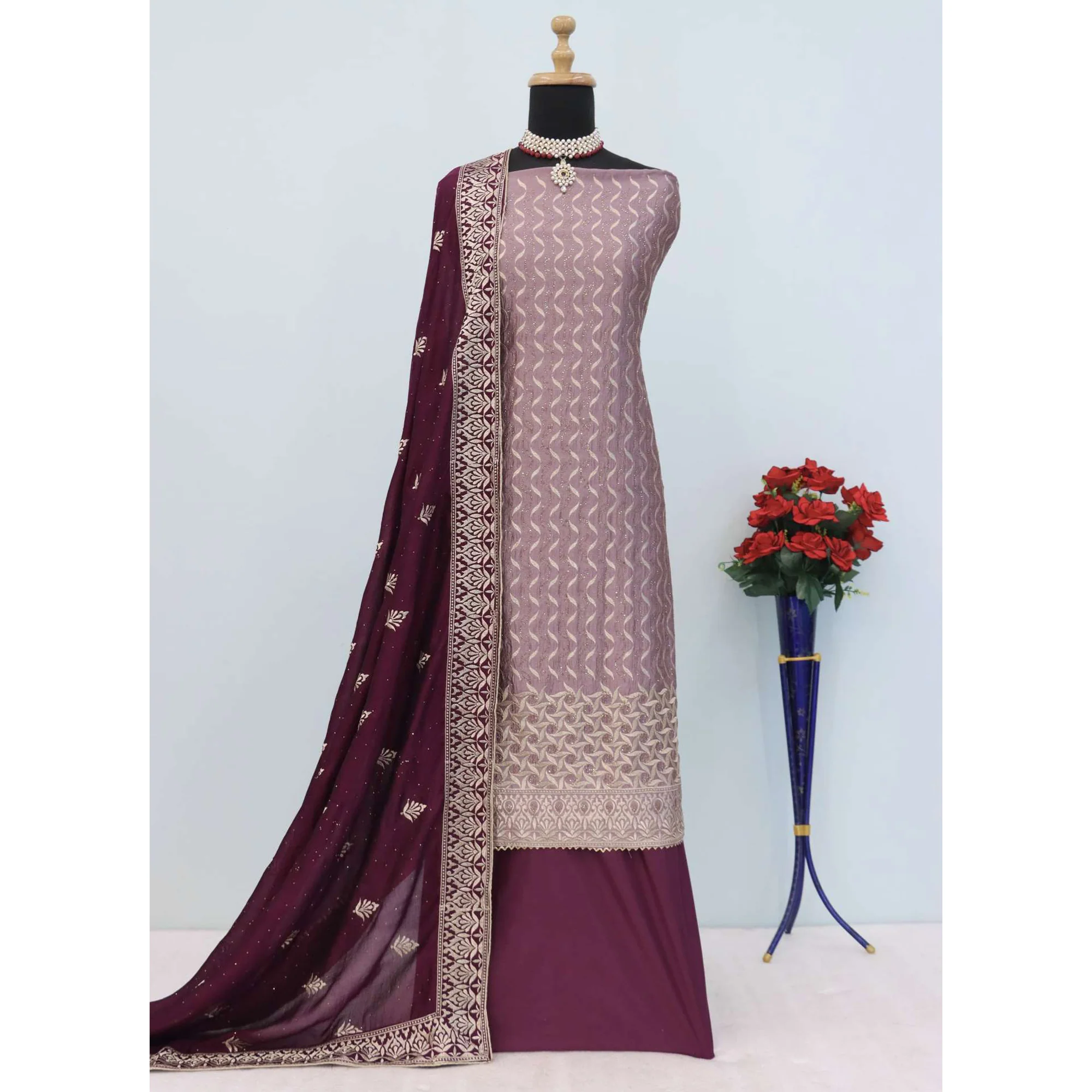 Purple Embroidery With Swarovski Work Vichitra Silk Semi Stitched Suit - Image 4