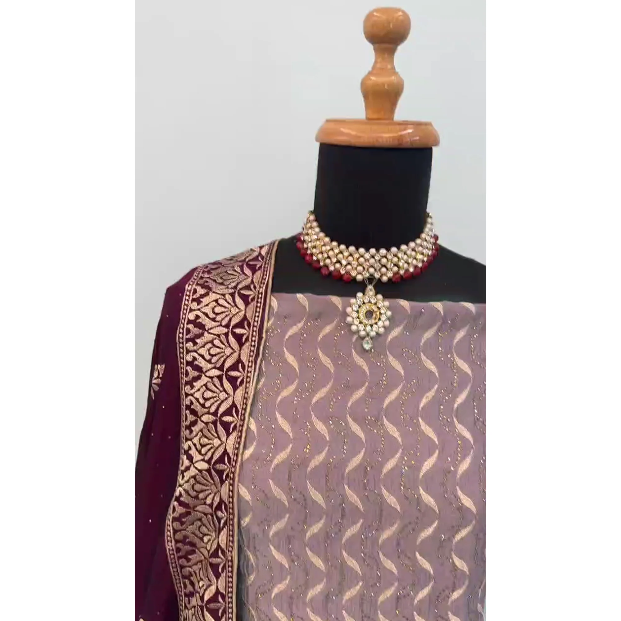 Purple Embroidery With Swarovski Work Vichitra Silk Semi Stitched Suit - Image 5